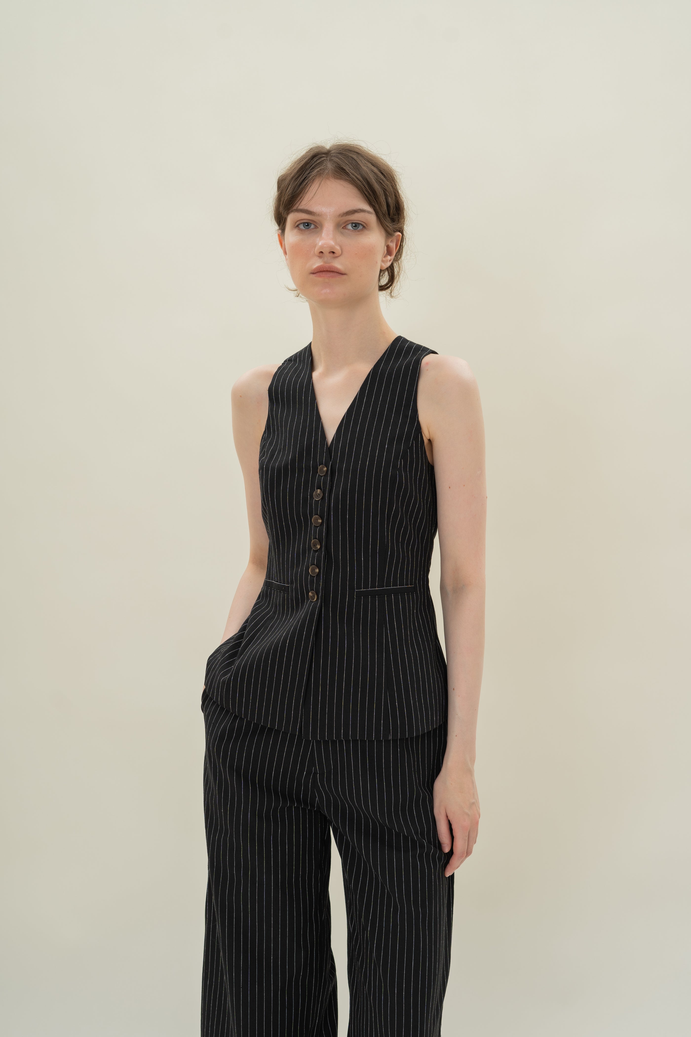 Linen Blend Longline Waistcoat in Black Stripes