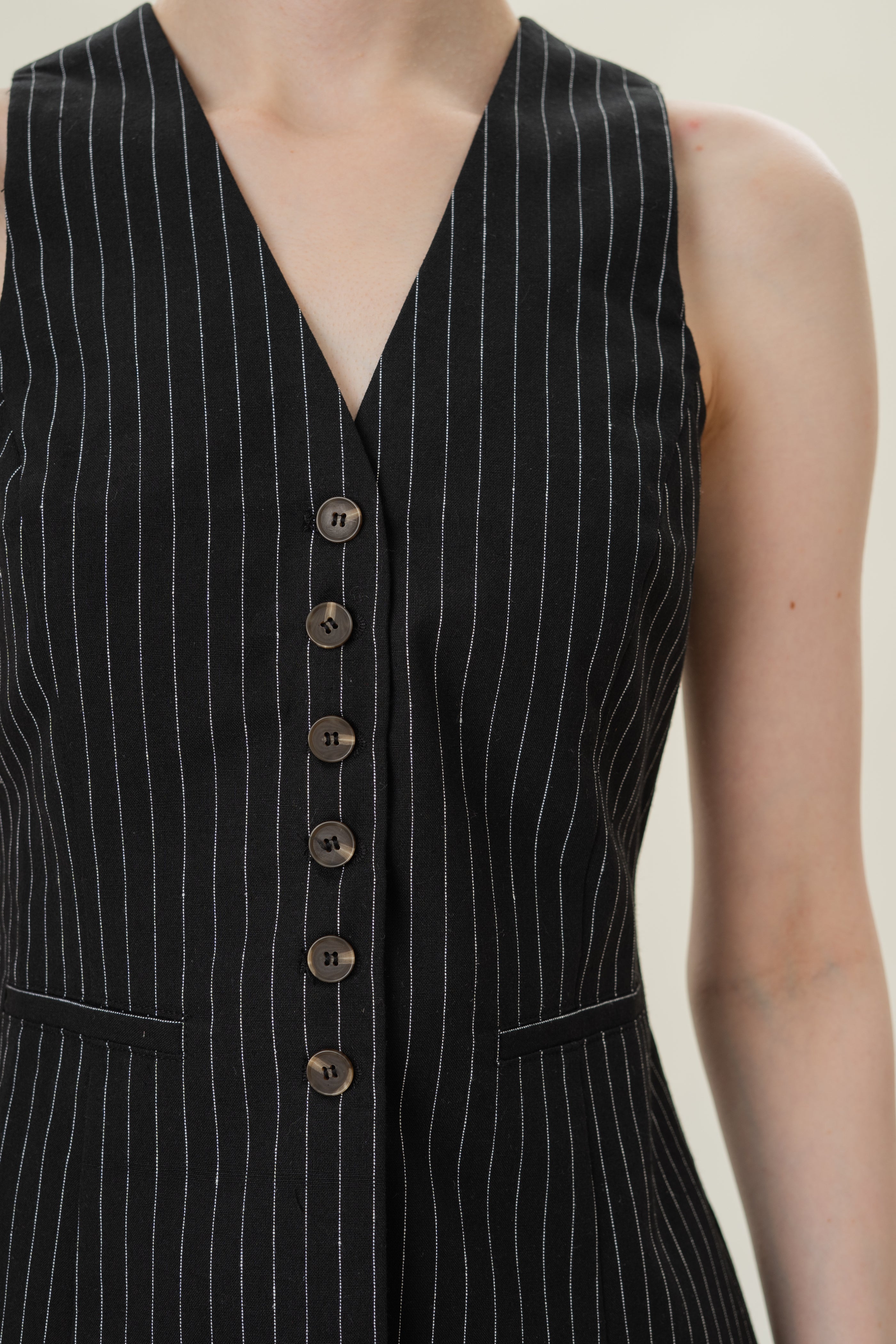 Linen Blend Longline Waistcoat in Black Stripes