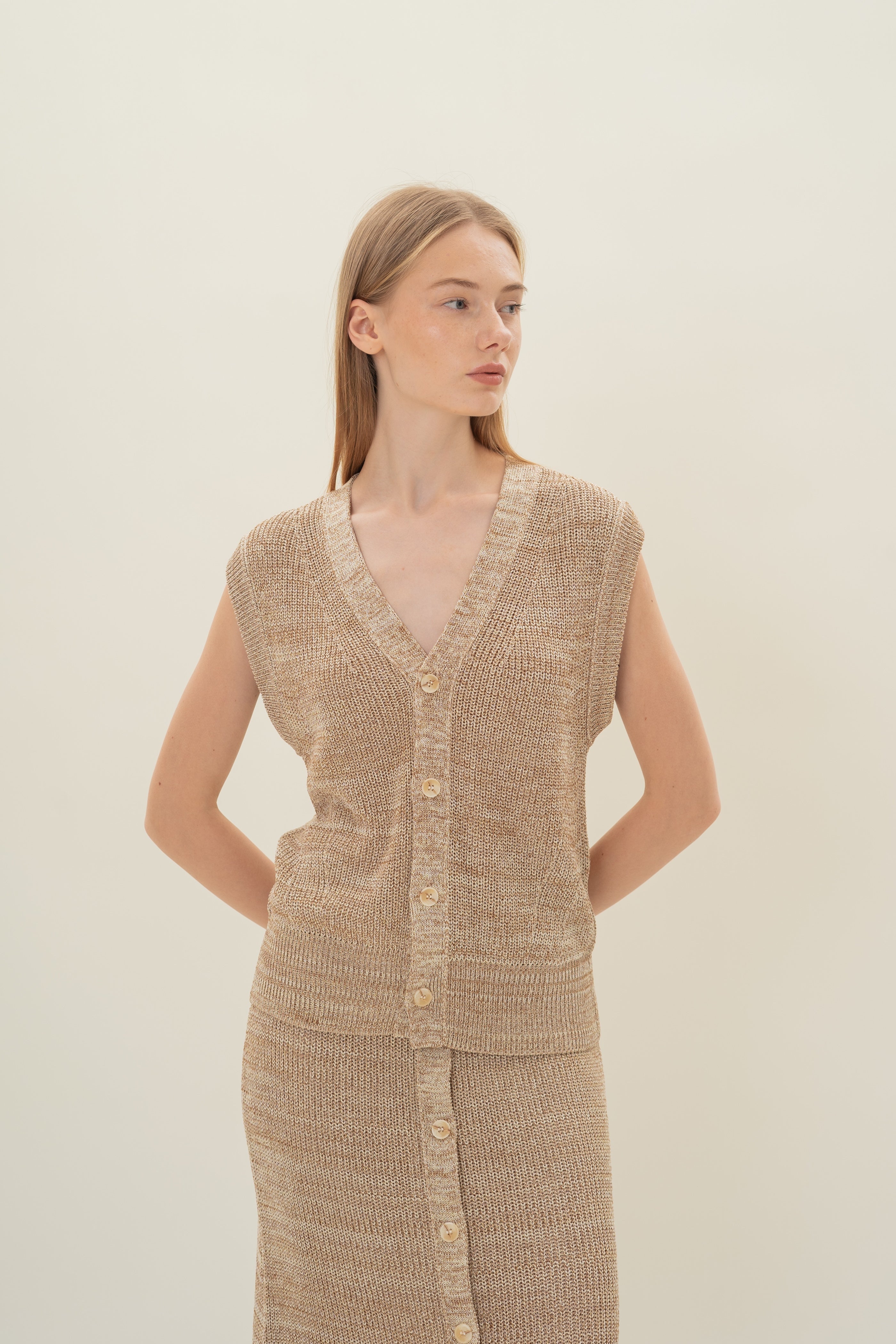 Button Melange Knit Vest in Sand Dunes