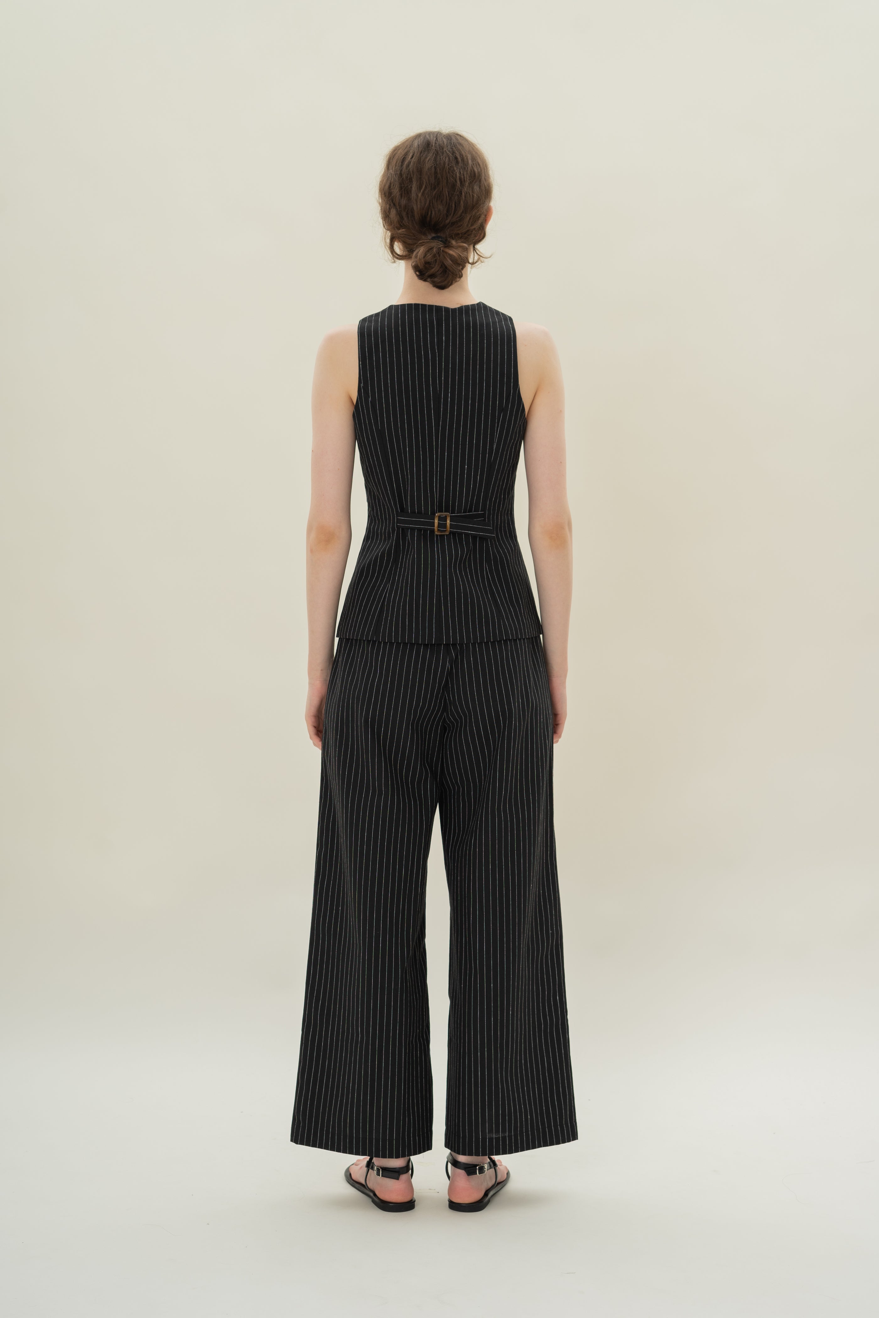 Linen Blend Longline Waistcoat in Black Stripes