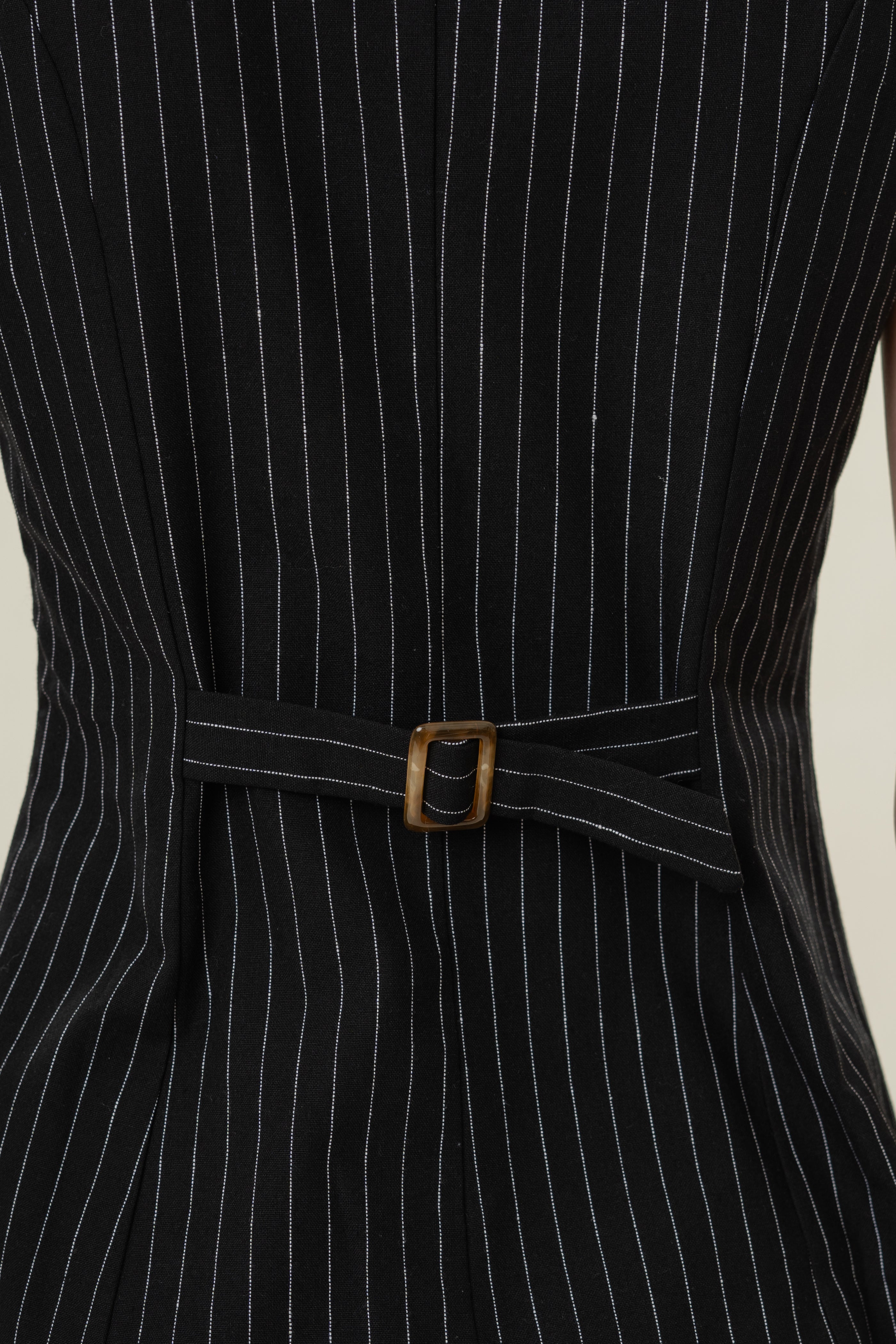 Linen Blend Longline Waistcoat in Black Stripes