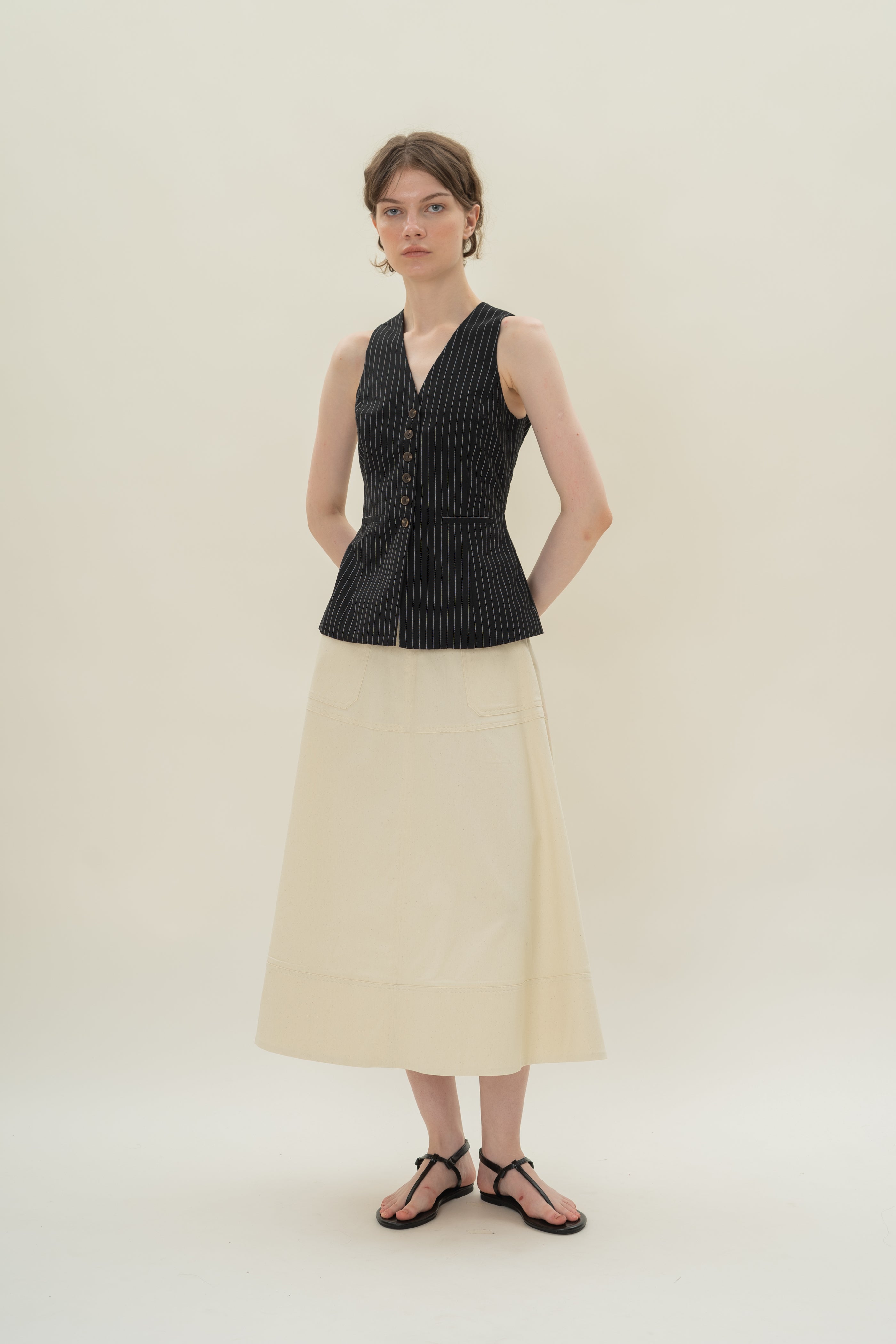 Linen Blend Longline Waistcoat in Black Stripes