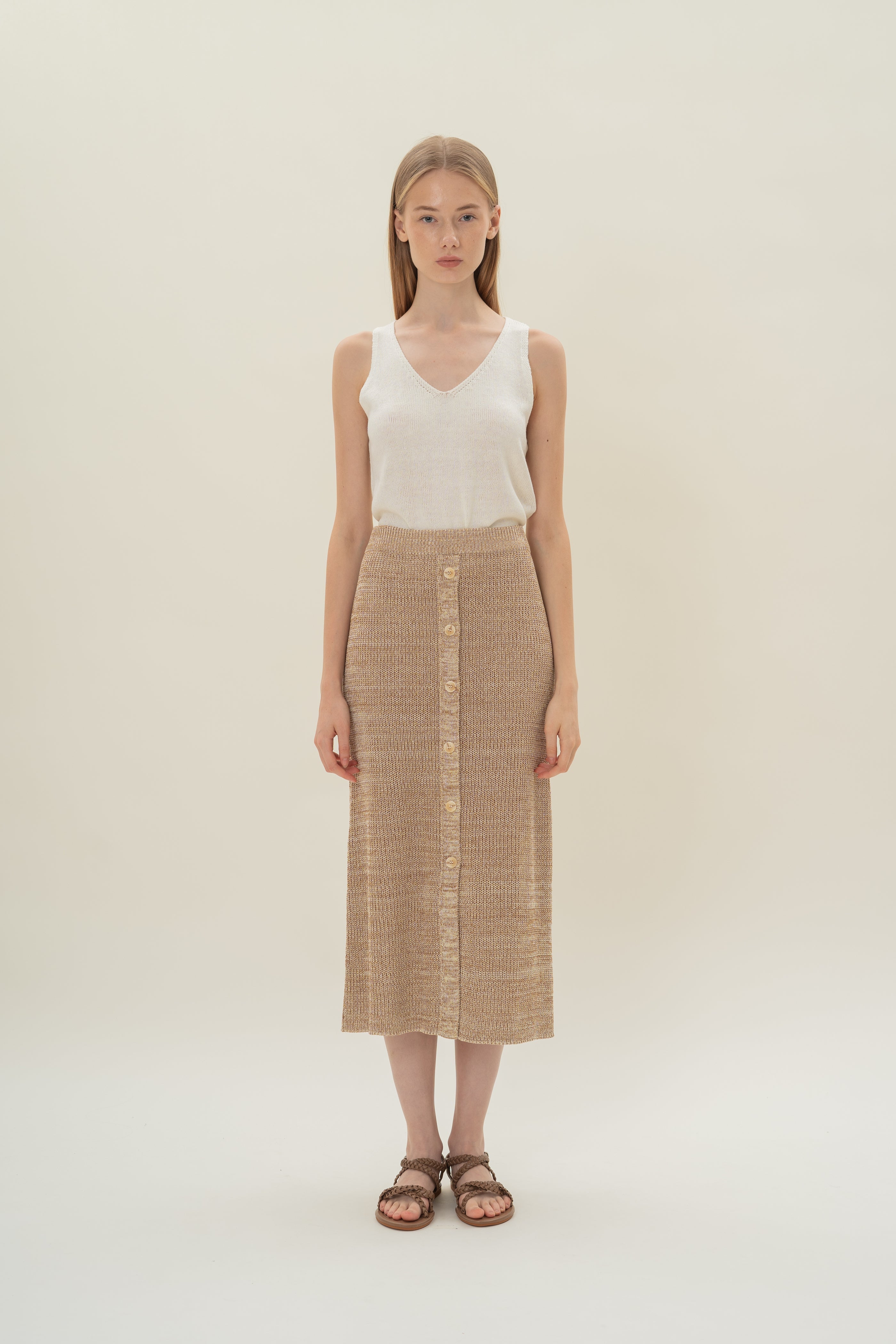 Button Melange Knit Skirt in Sand Dunes