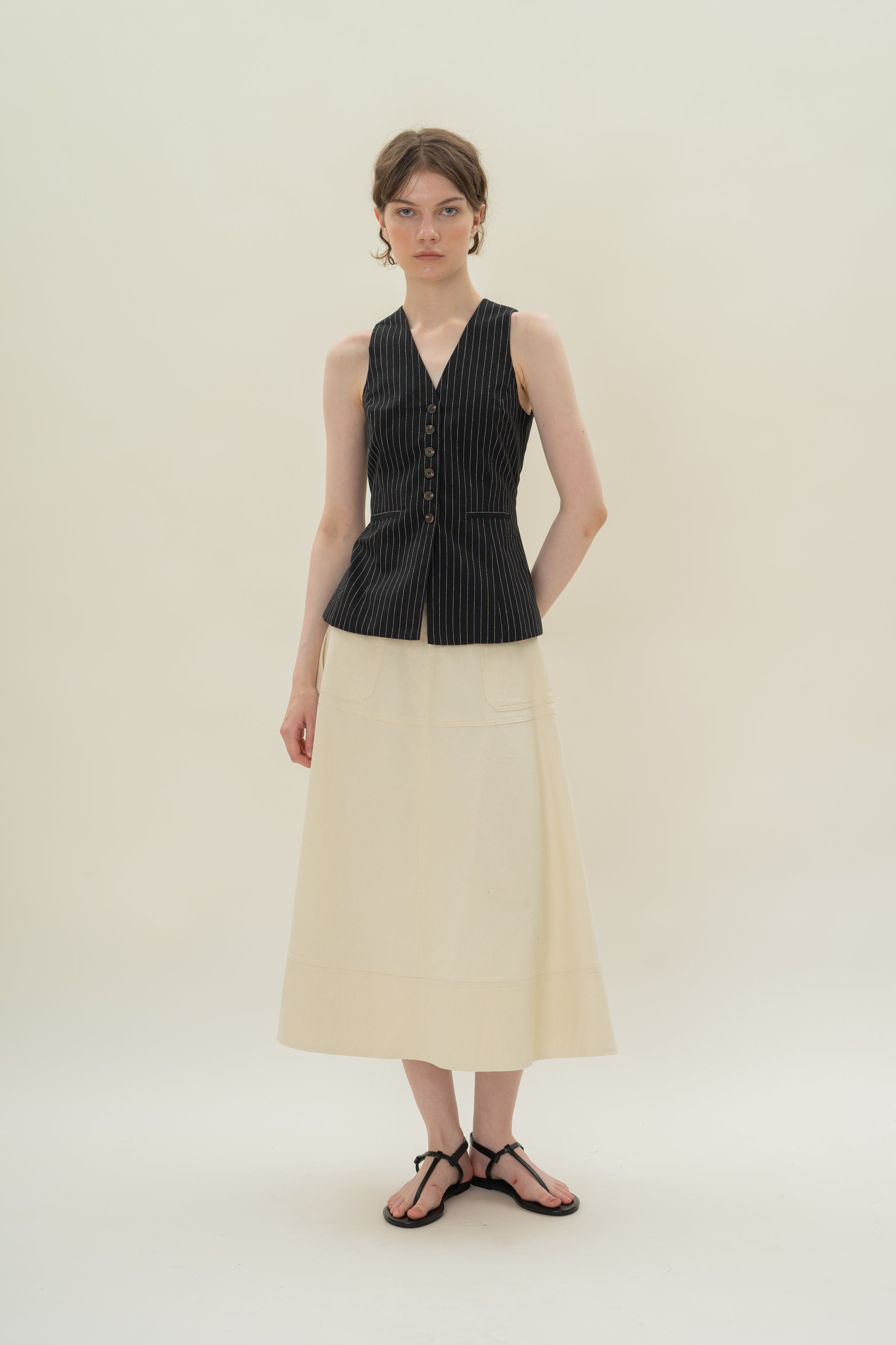 Linen Blend Longline Waistcoat in Black Stripes