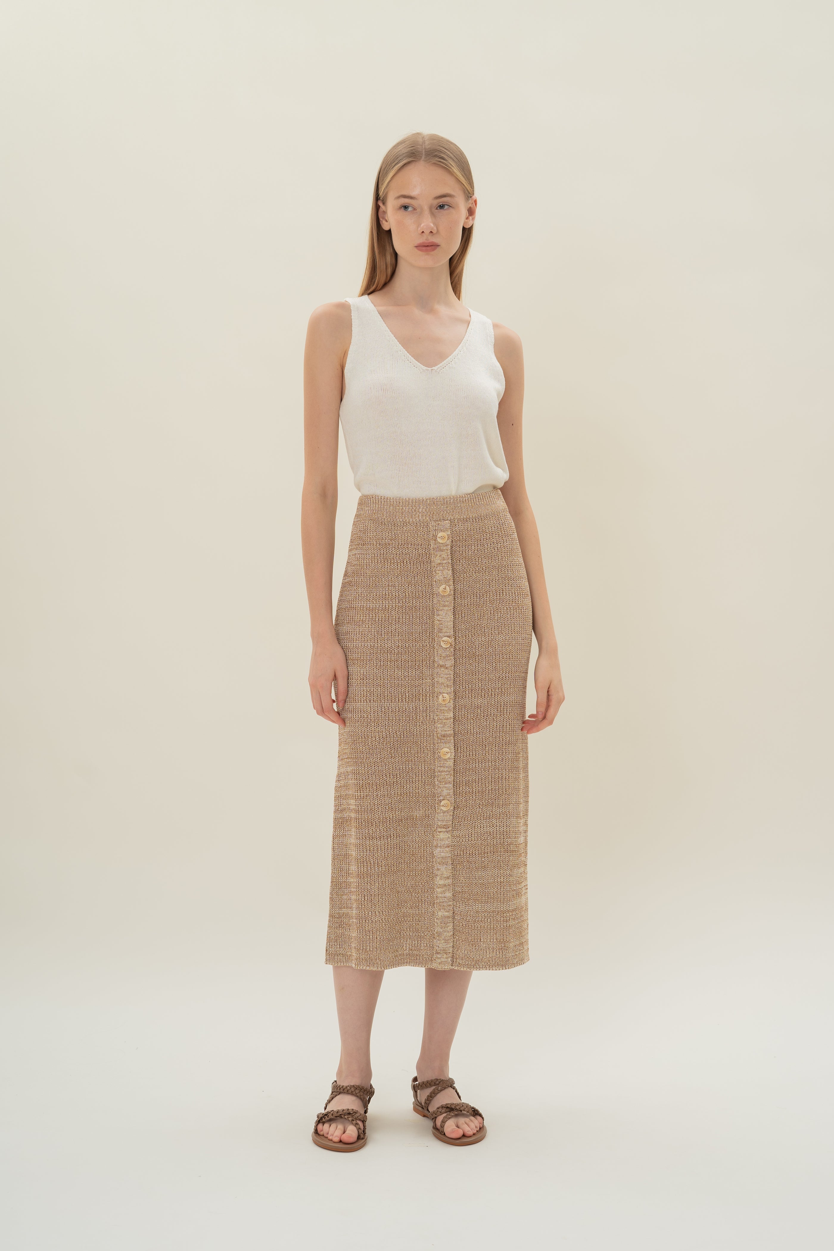 Button Melange Knit Skirt in Sand Dunes