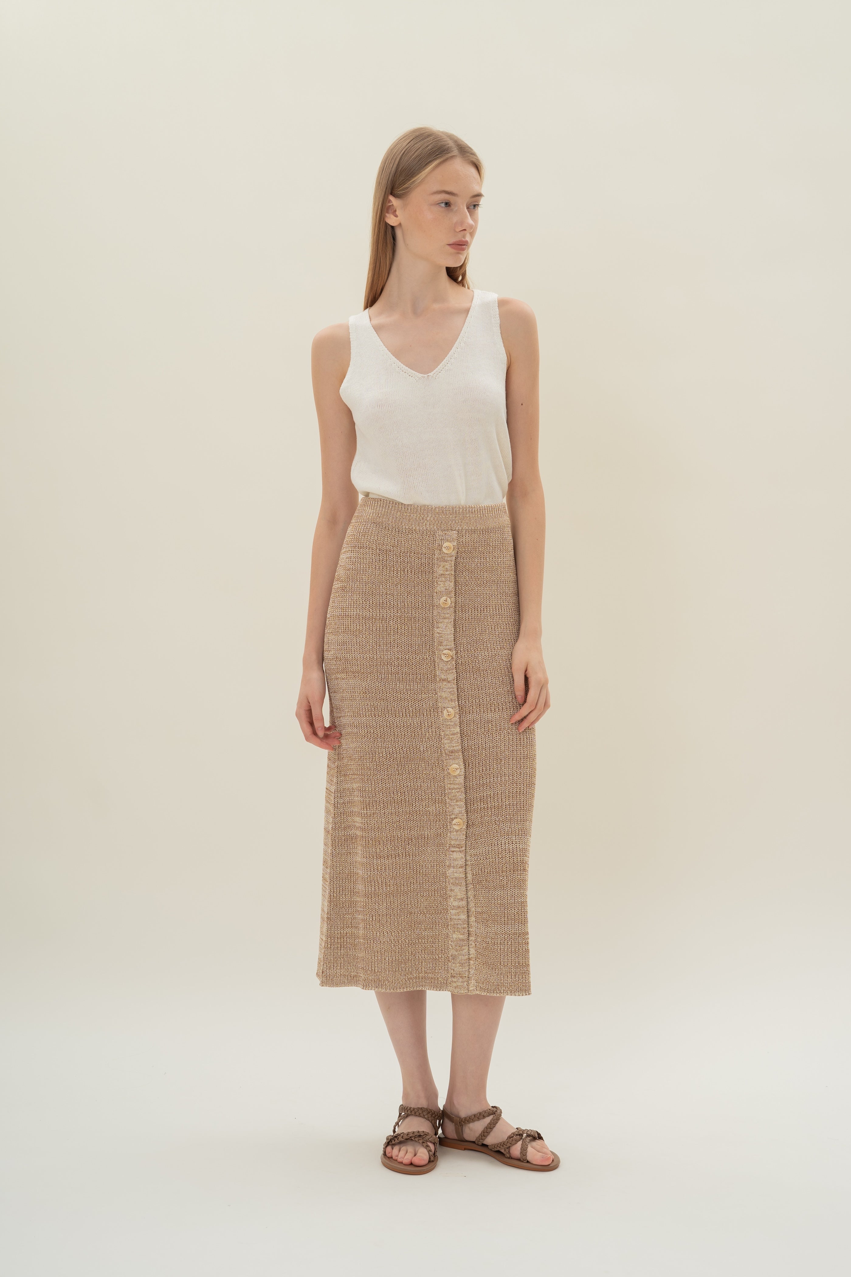 Button Melange Knit Skirt in Sand Dunes