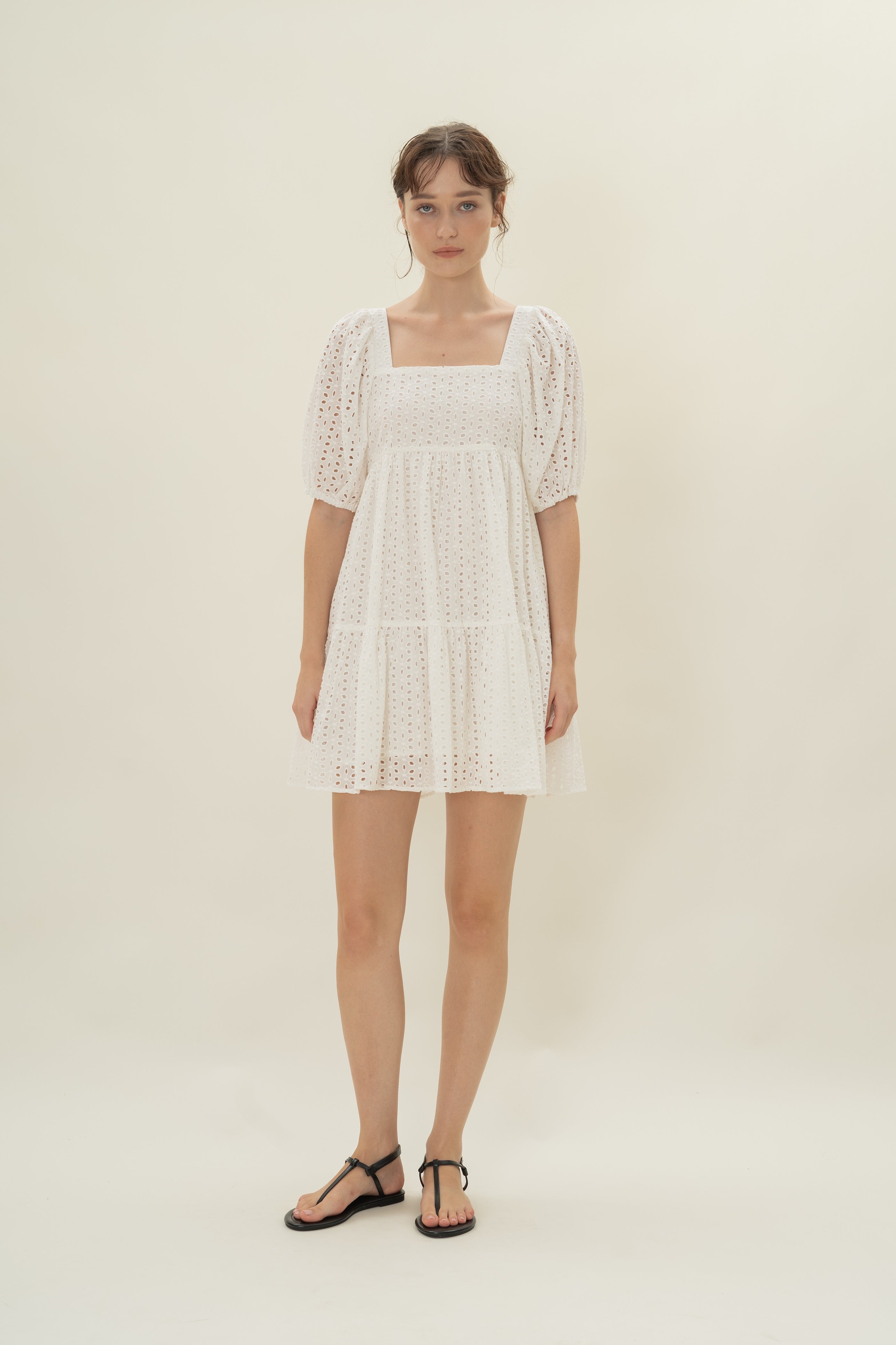 Broderie Square Neck Mini Dress in White