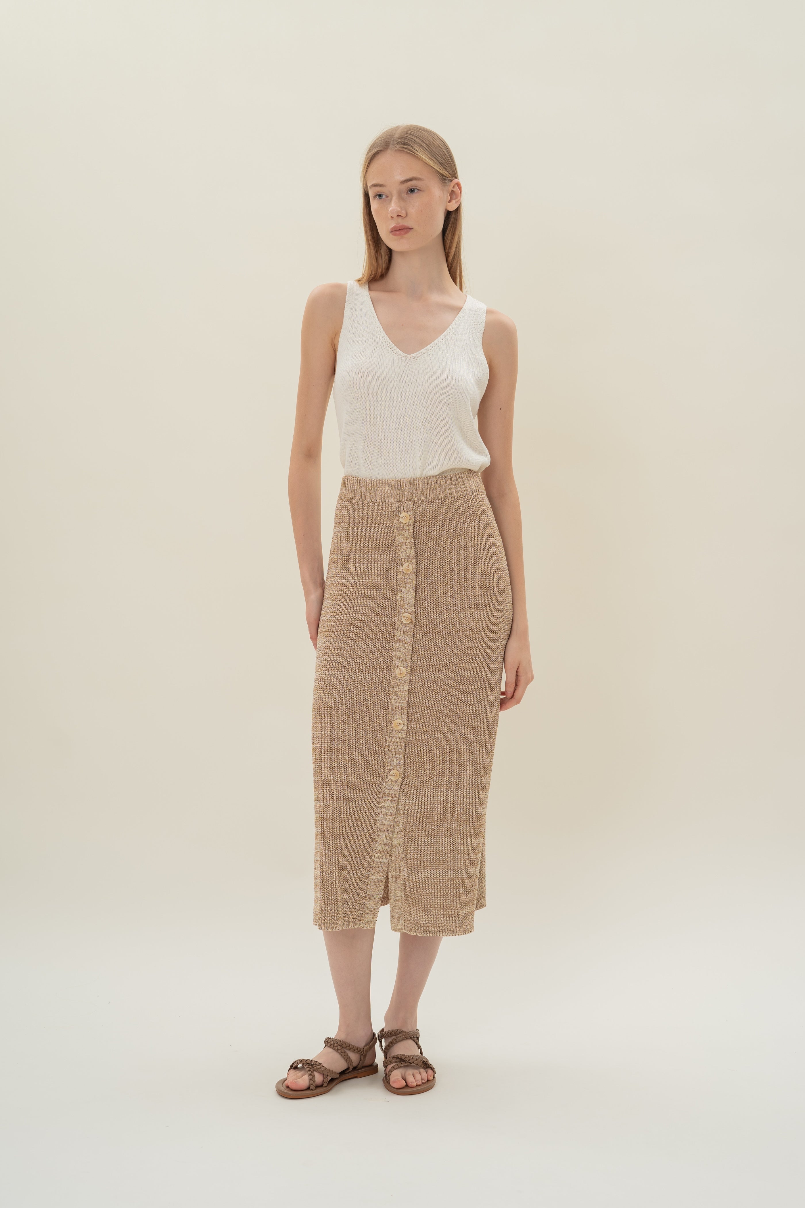 Button Melange Knit Skirt in Sand Dunes