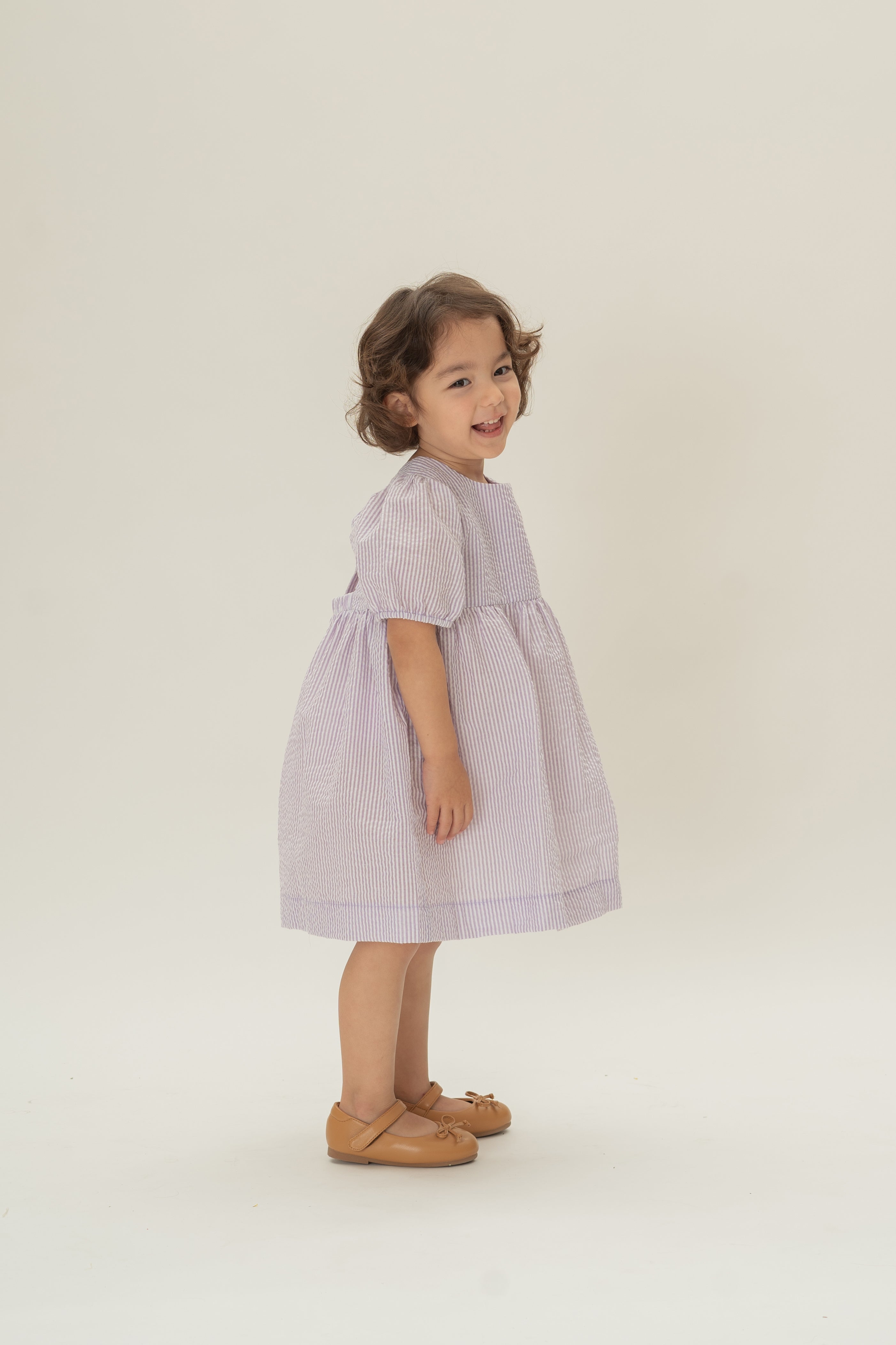 Mini Tie Back Short Sleeve Dress  in Seersucker Orchid Stripes