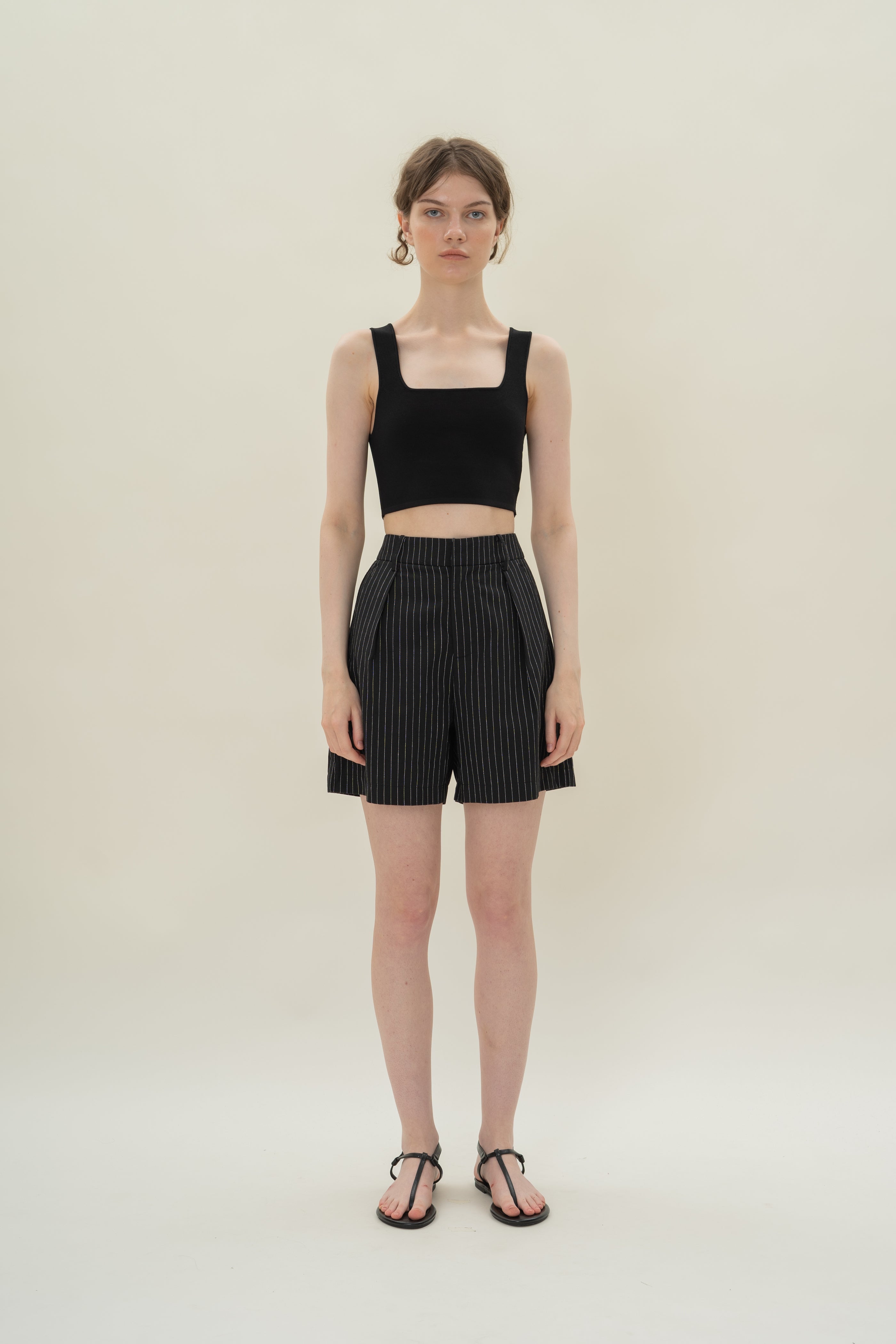 Pleated Linen Long Shorts in Black Stripes