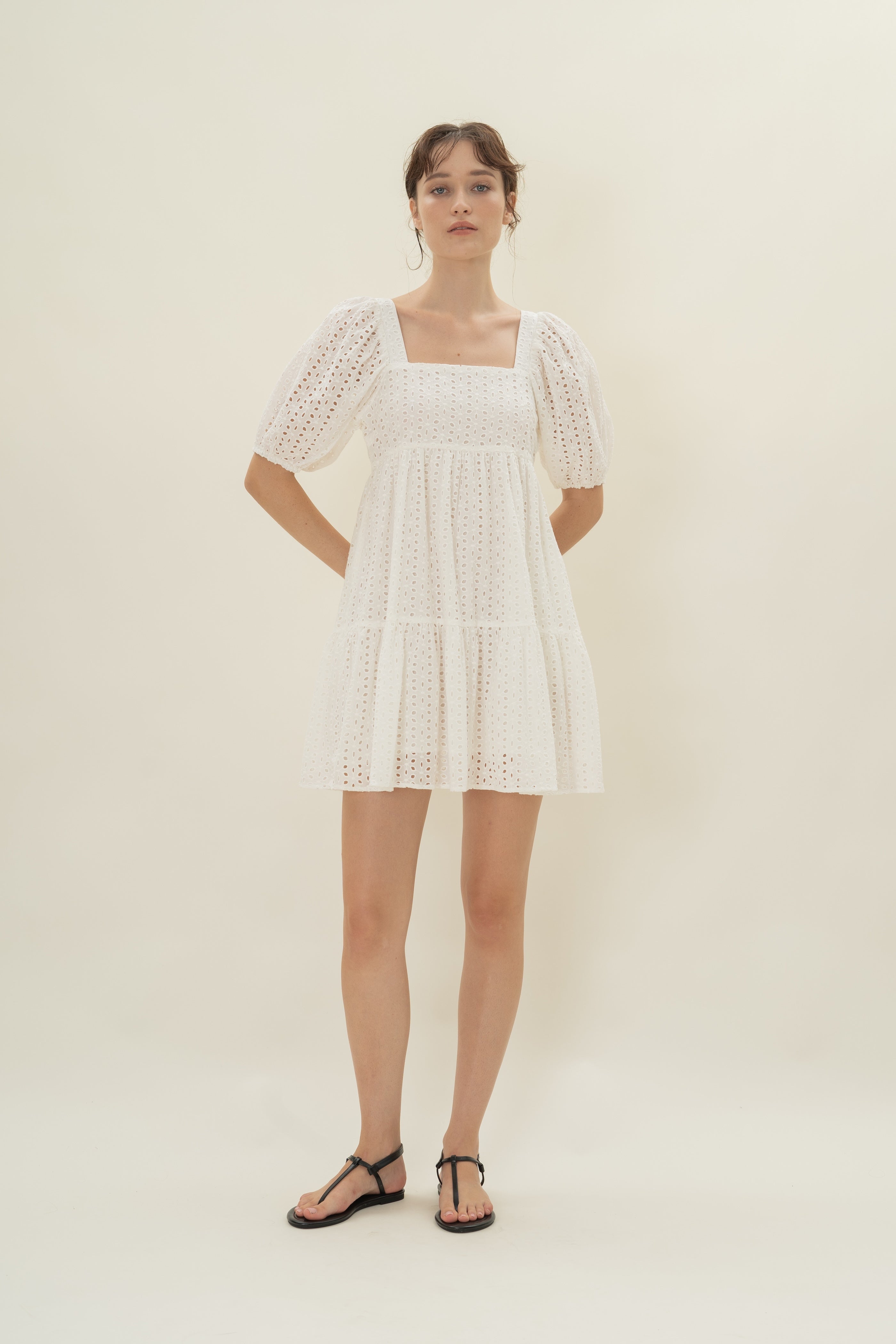 Broderie Square Neck Mini Dress in White