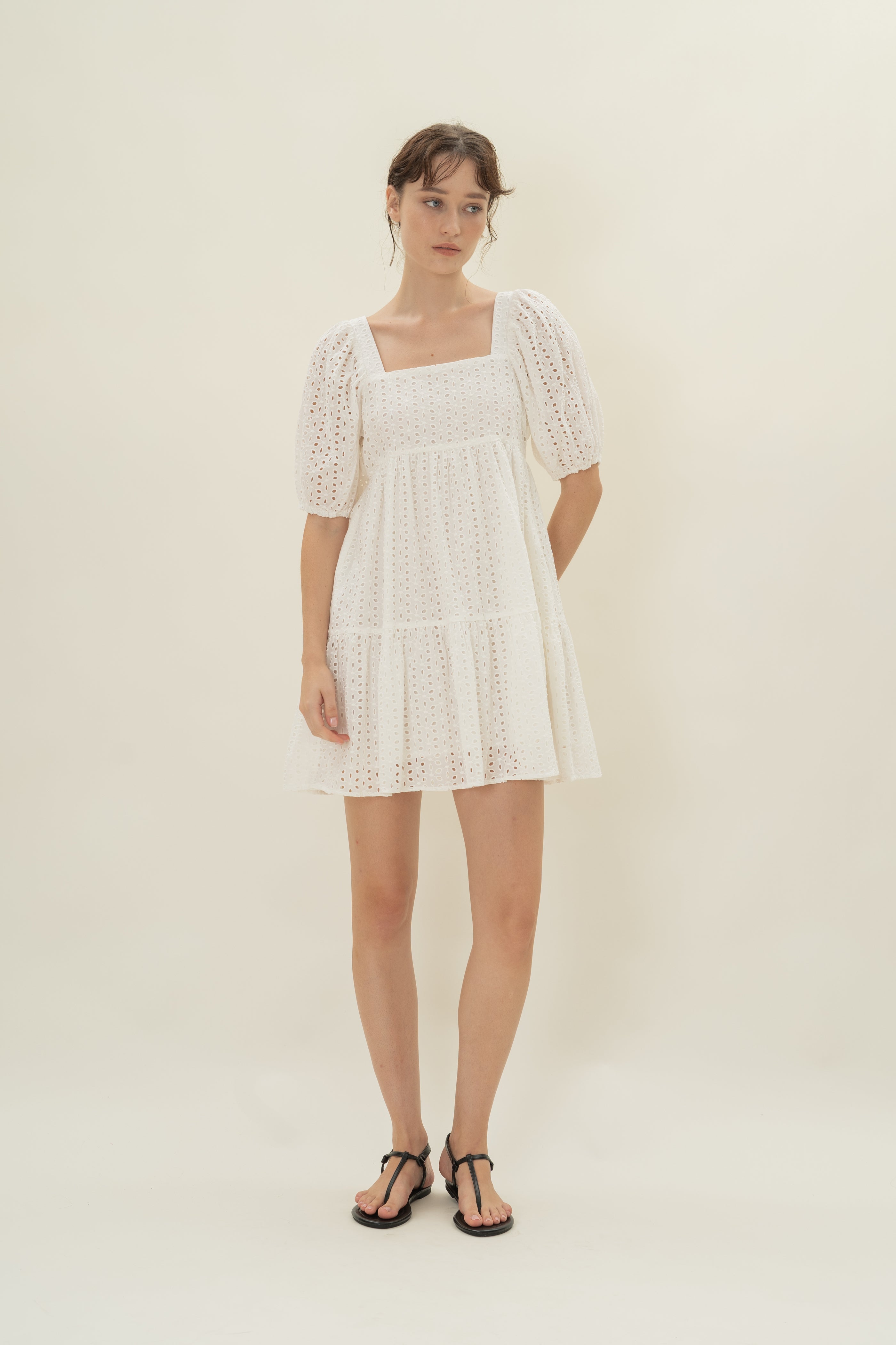 Broderie Square Neck Mini Dress in White