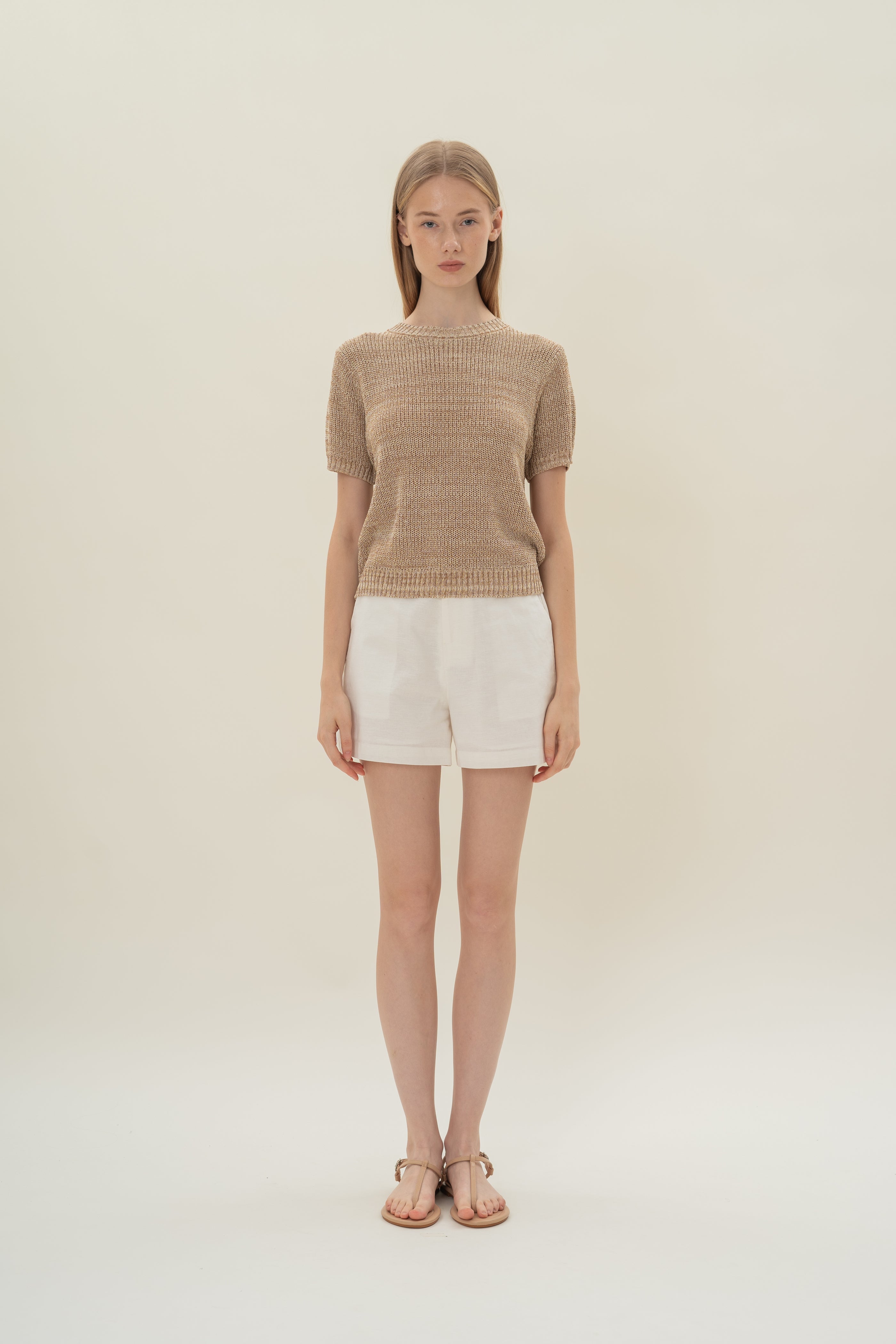 Round Neck Melange Knit Top in Sand Dunes