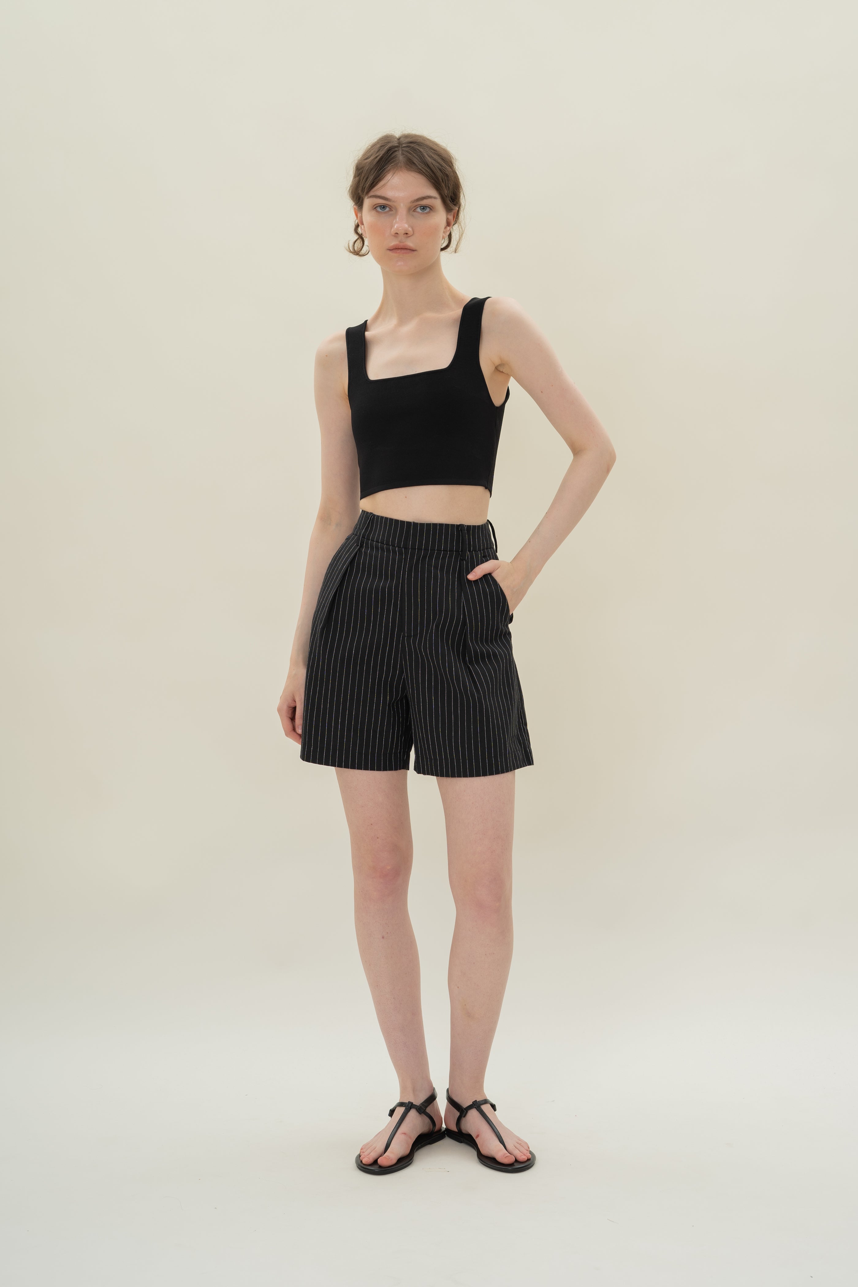 Pleated Linen Long Shorts in Black Stripes