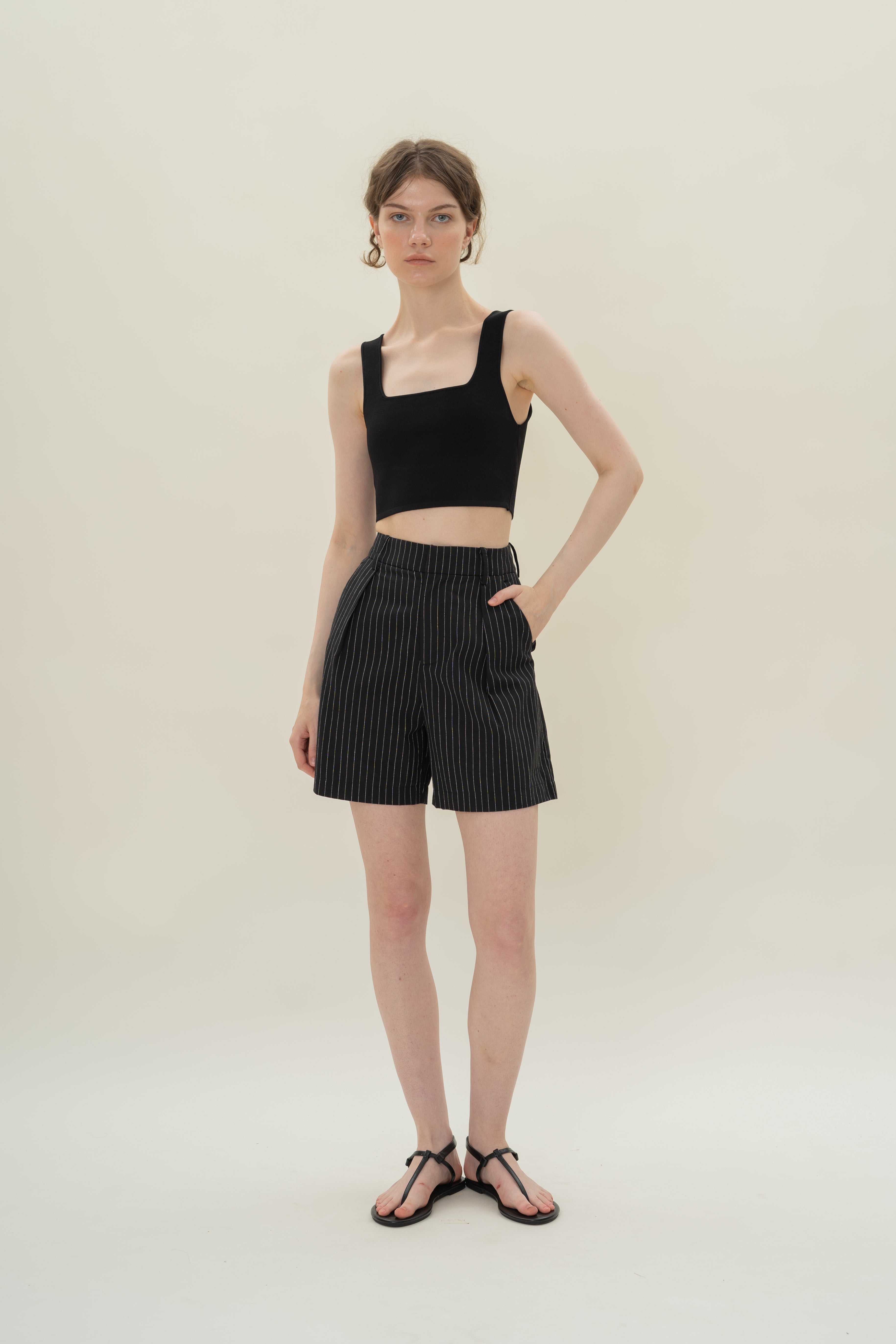 Pleated Linen Long Shorts in Black Stripes