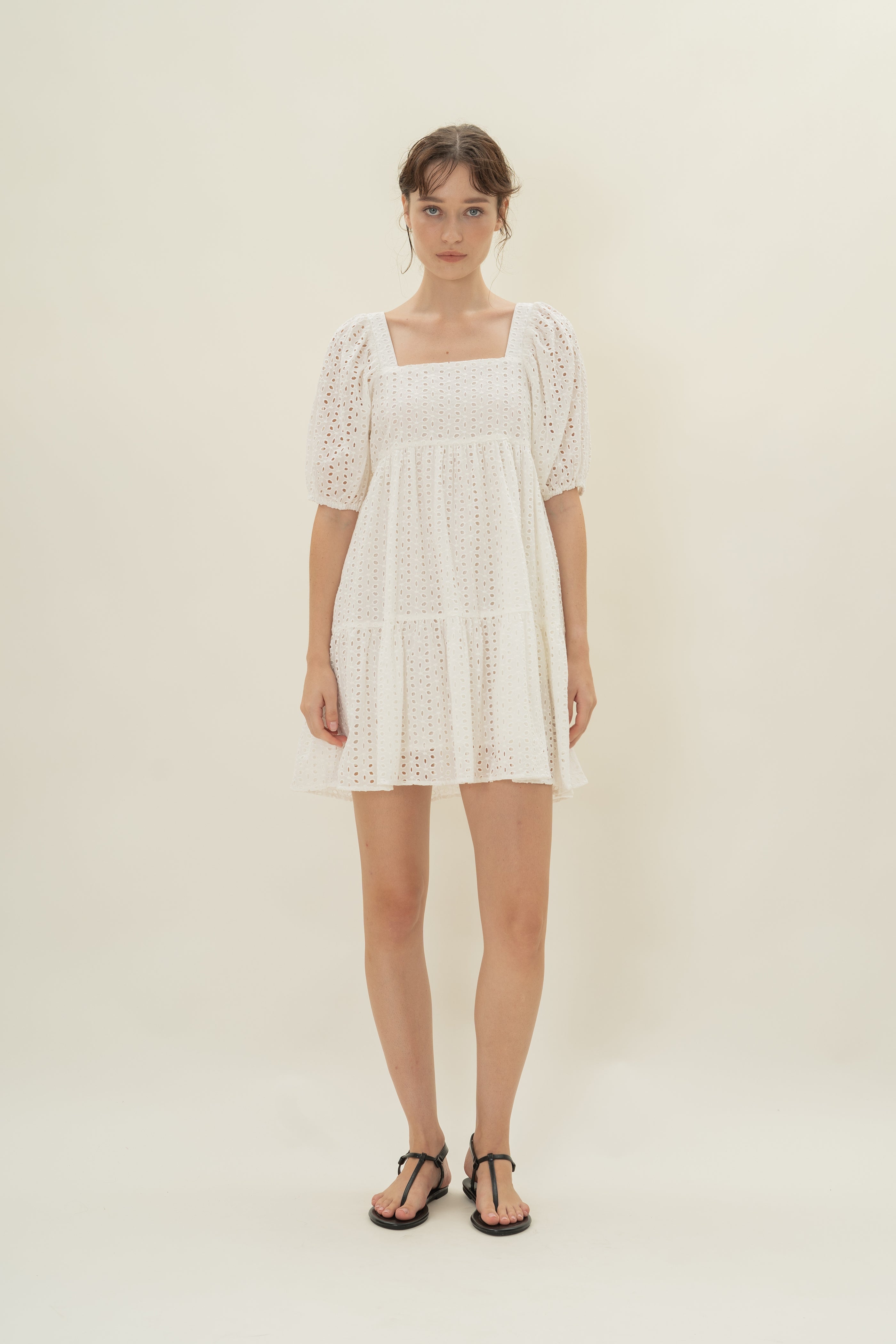 Broderie Square Neck Mini Dress in White