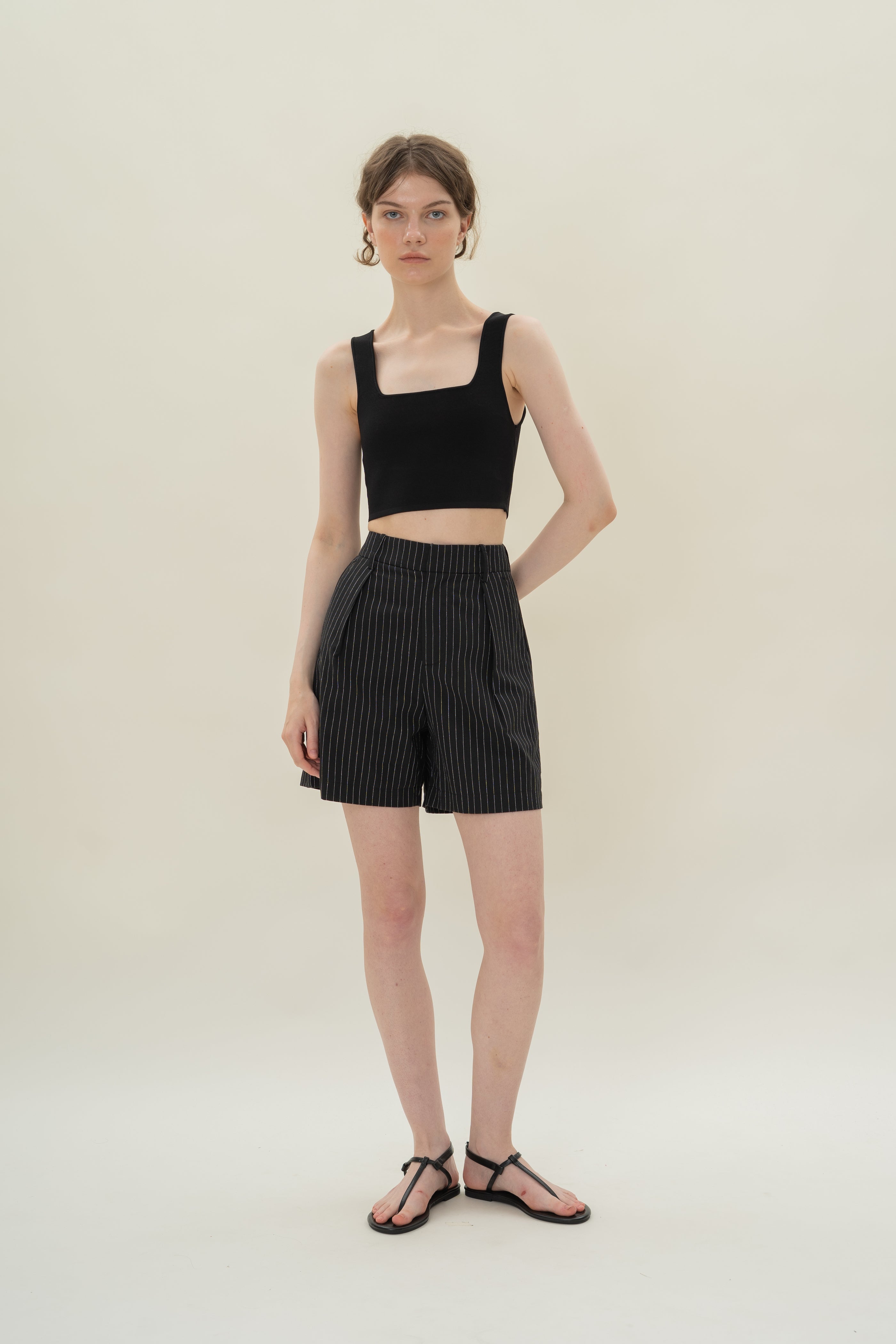 Pleated Linen Long Shorts in Black Stripes