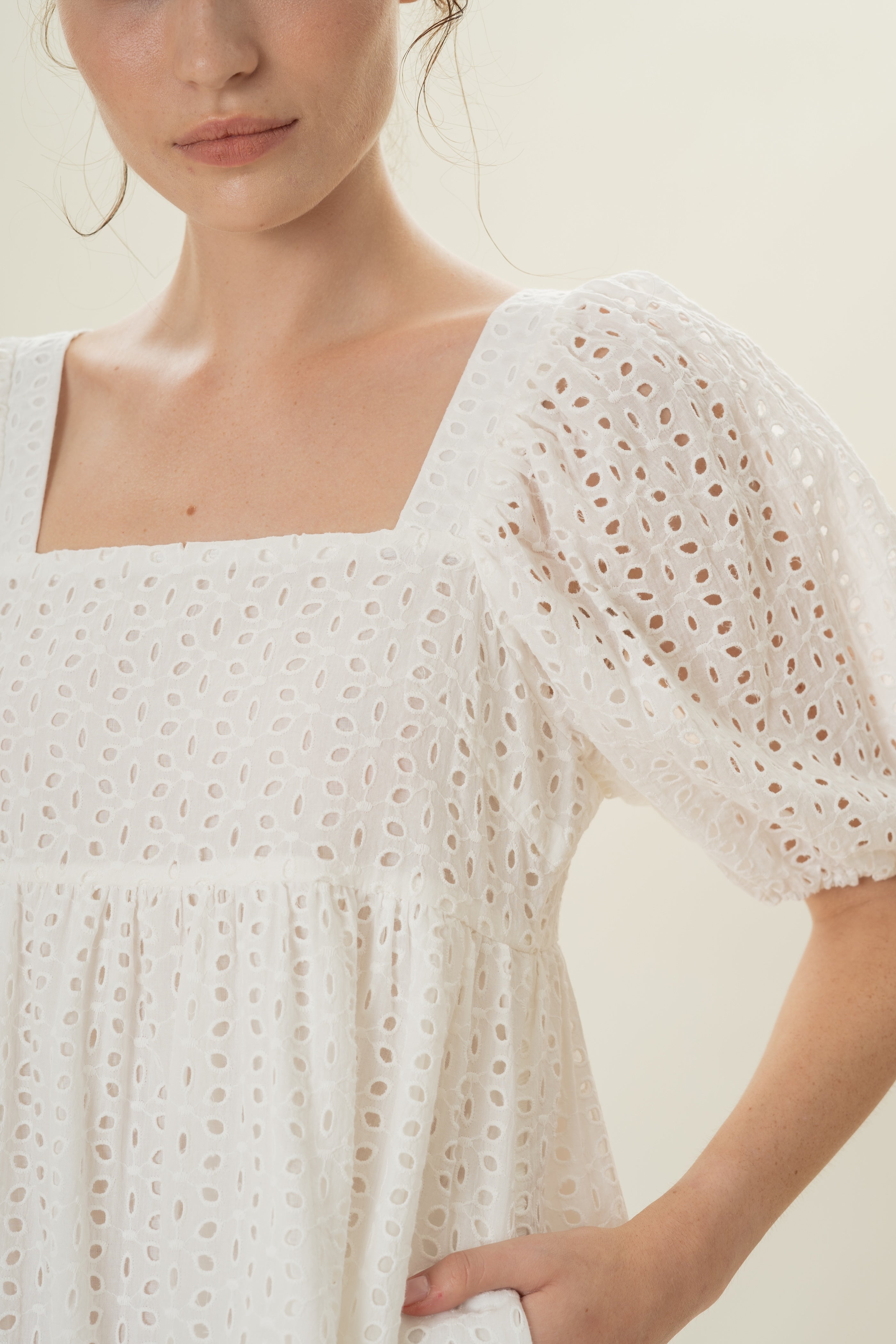 Broderie Square Neck Mini Dress in White
