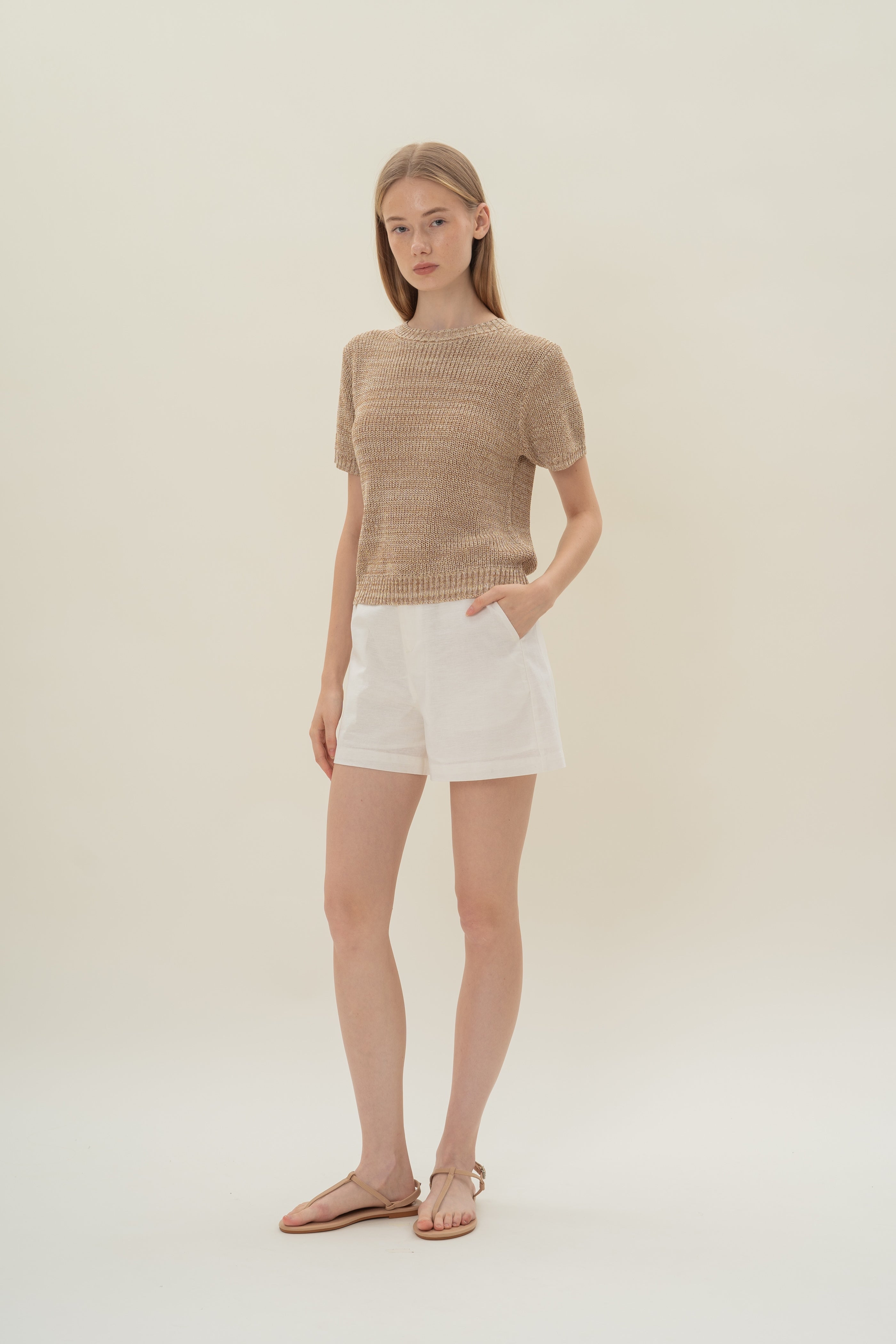 Round Neck Melange Knit Top in Sand Dunes