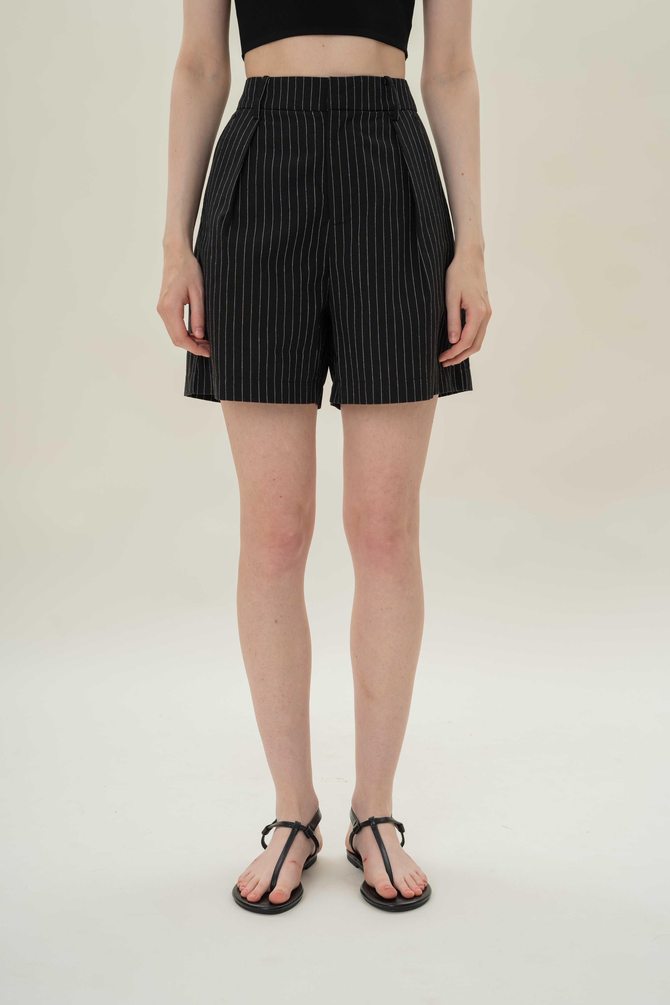 Pleated Linen Long Shorts in Black Stripes