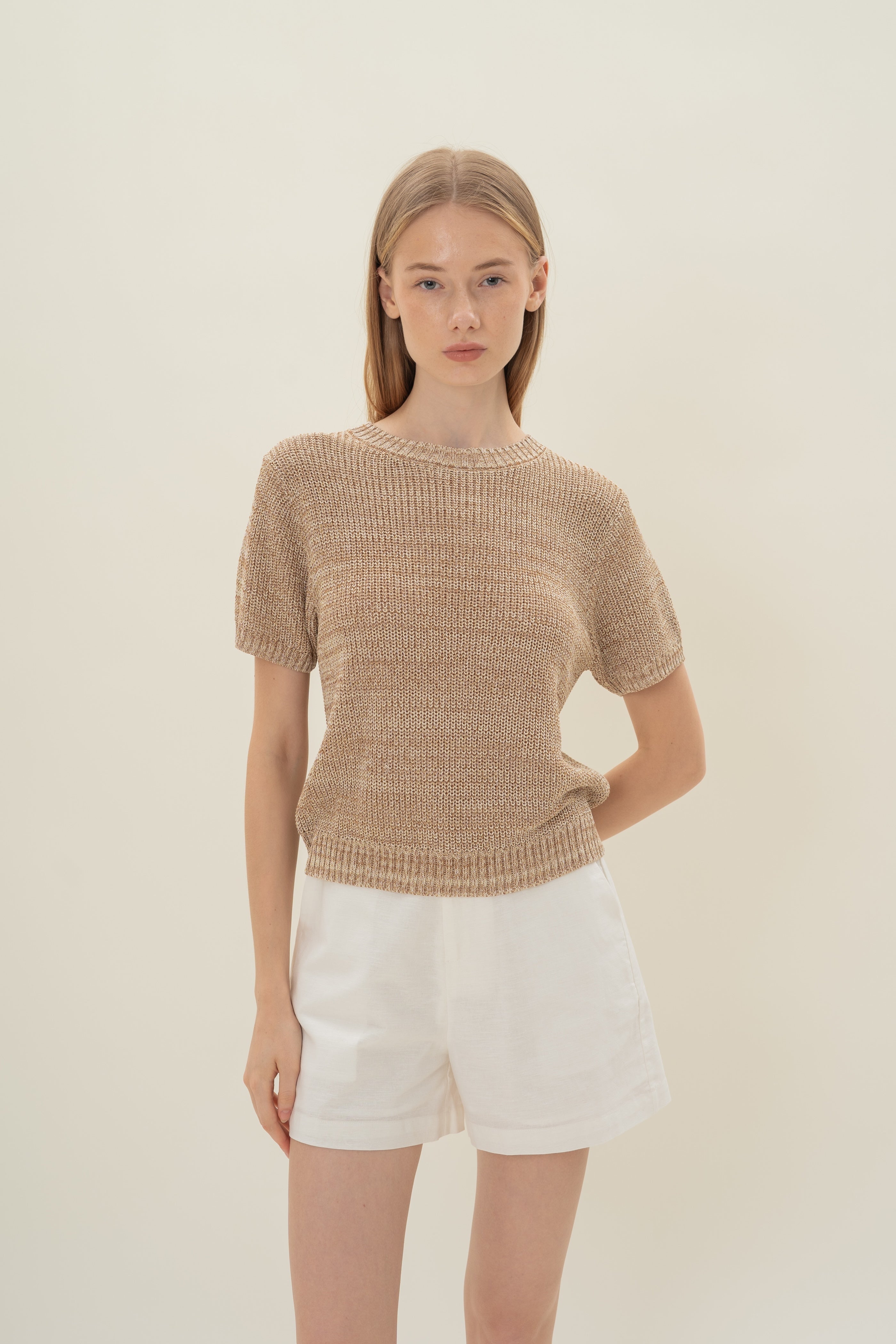 Round Neck Melange Knit Top in Sand Dunes