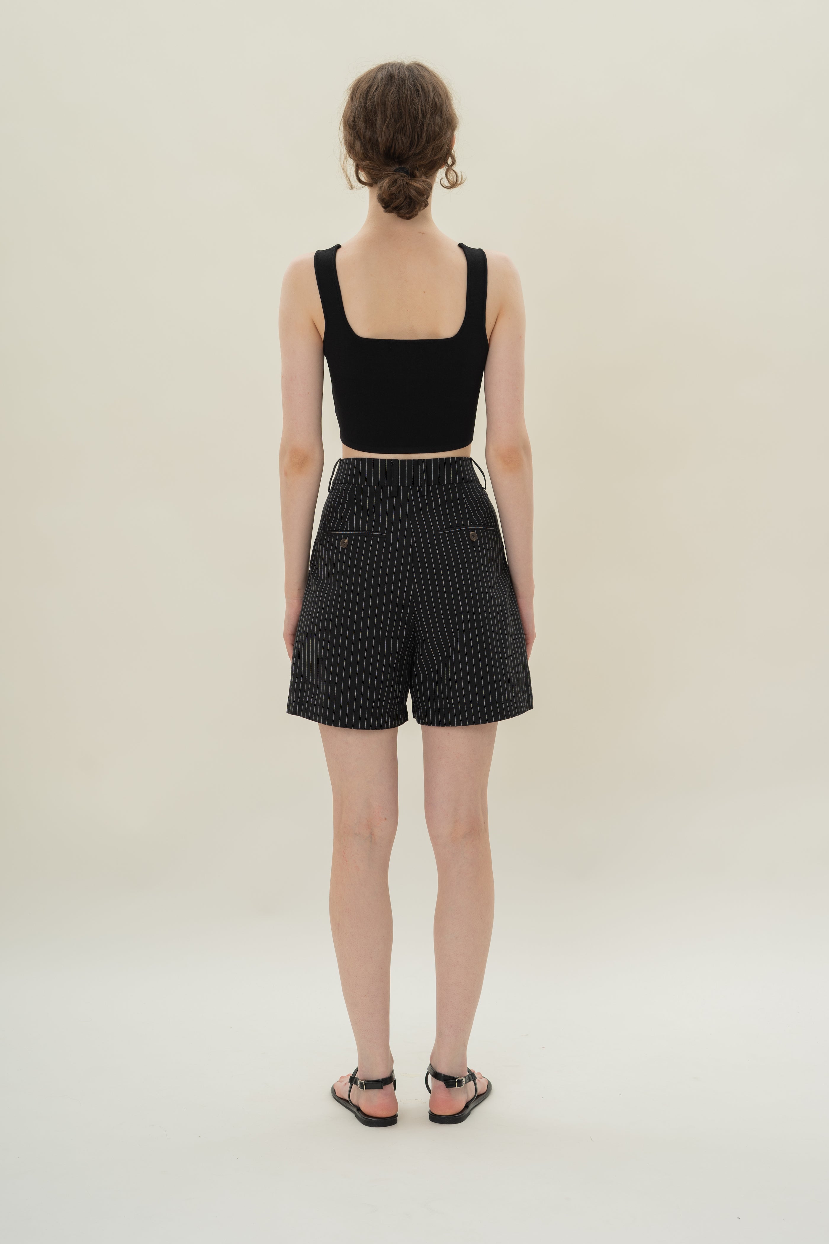 Pleated Linen Long Shorts in Black Stripes