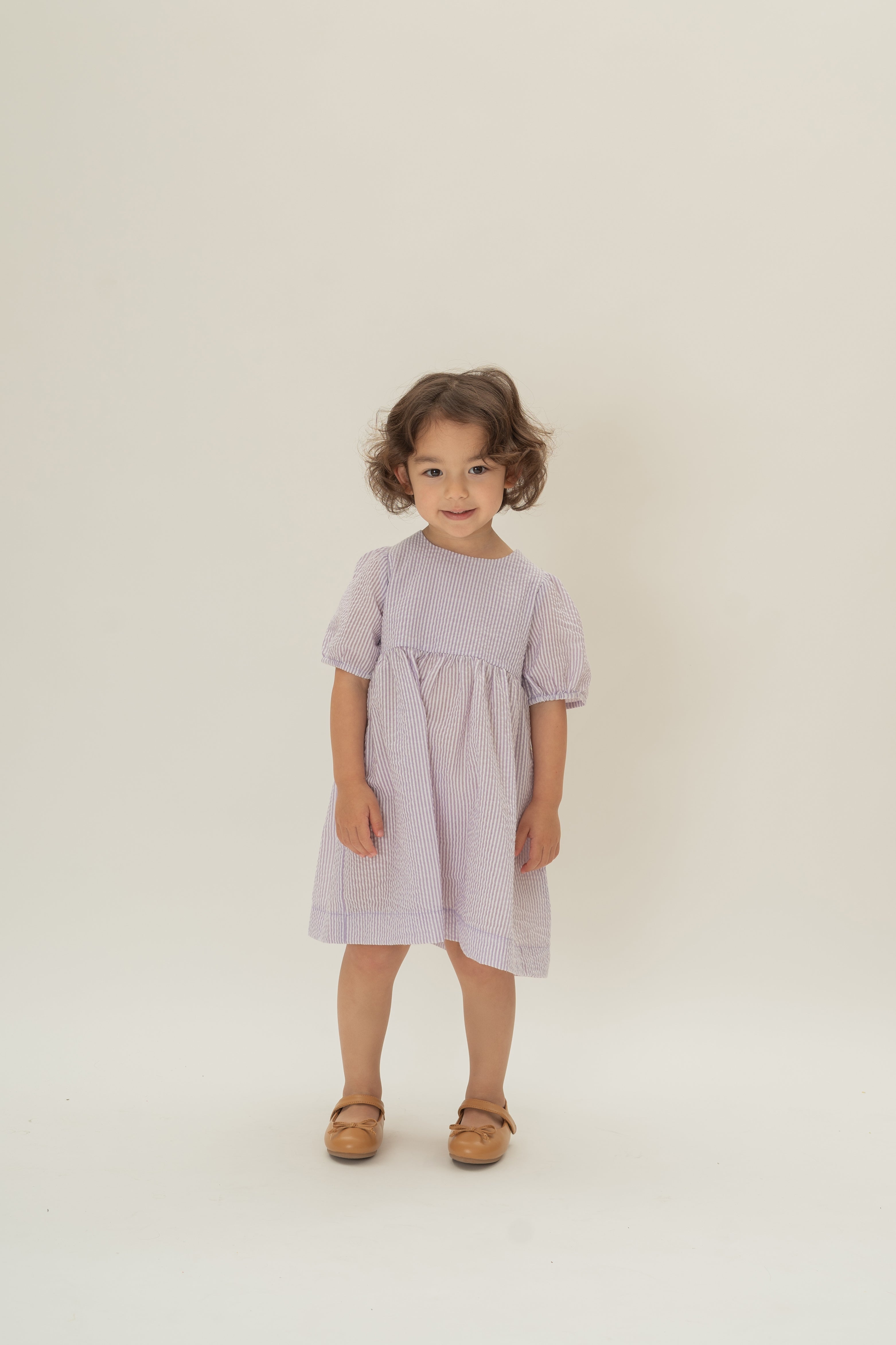 Mini Tie Back Short Sleeve Dress  in Seersucker Orchid Stripes