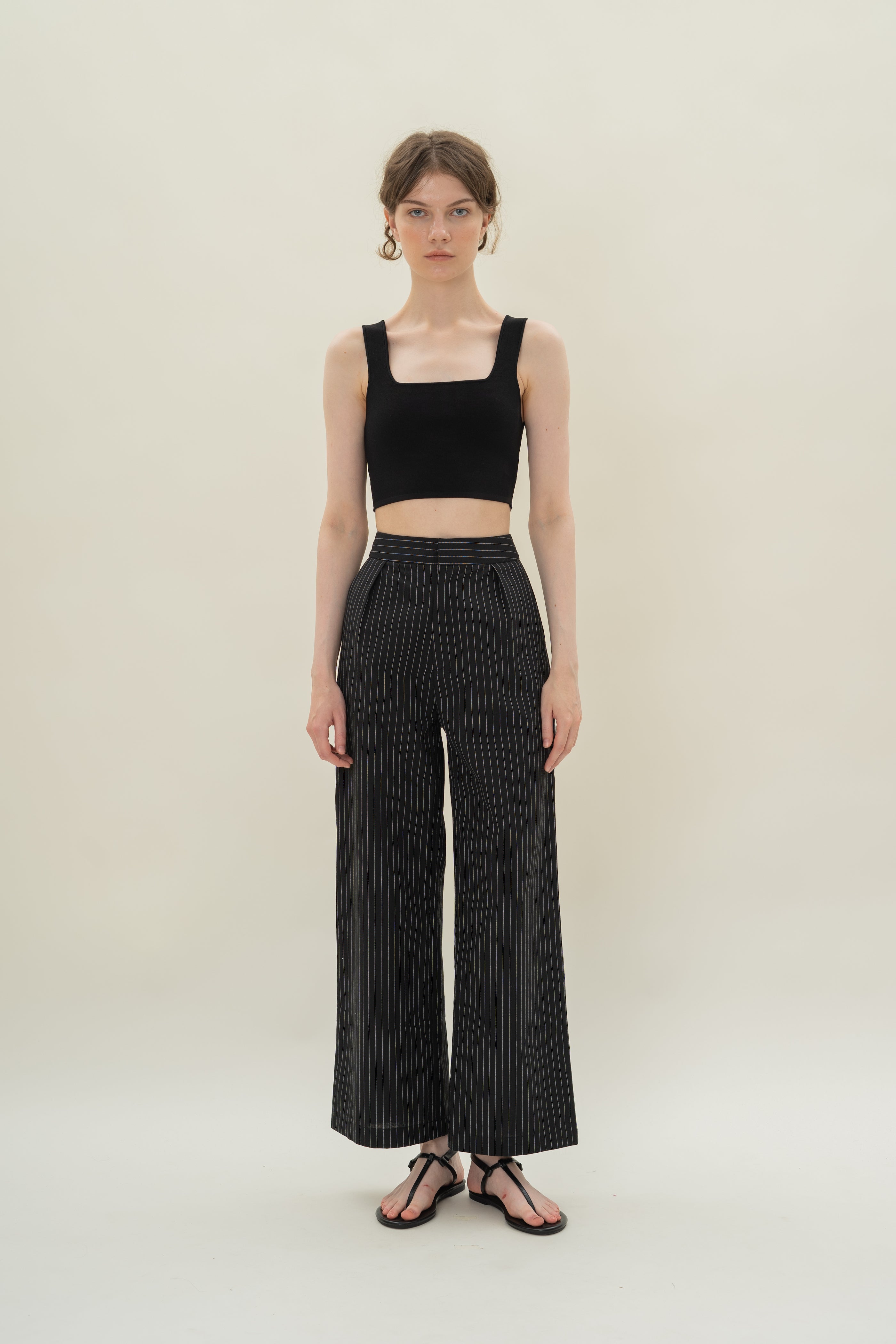 Pleated Linen Blend Trousers in Black Stripes