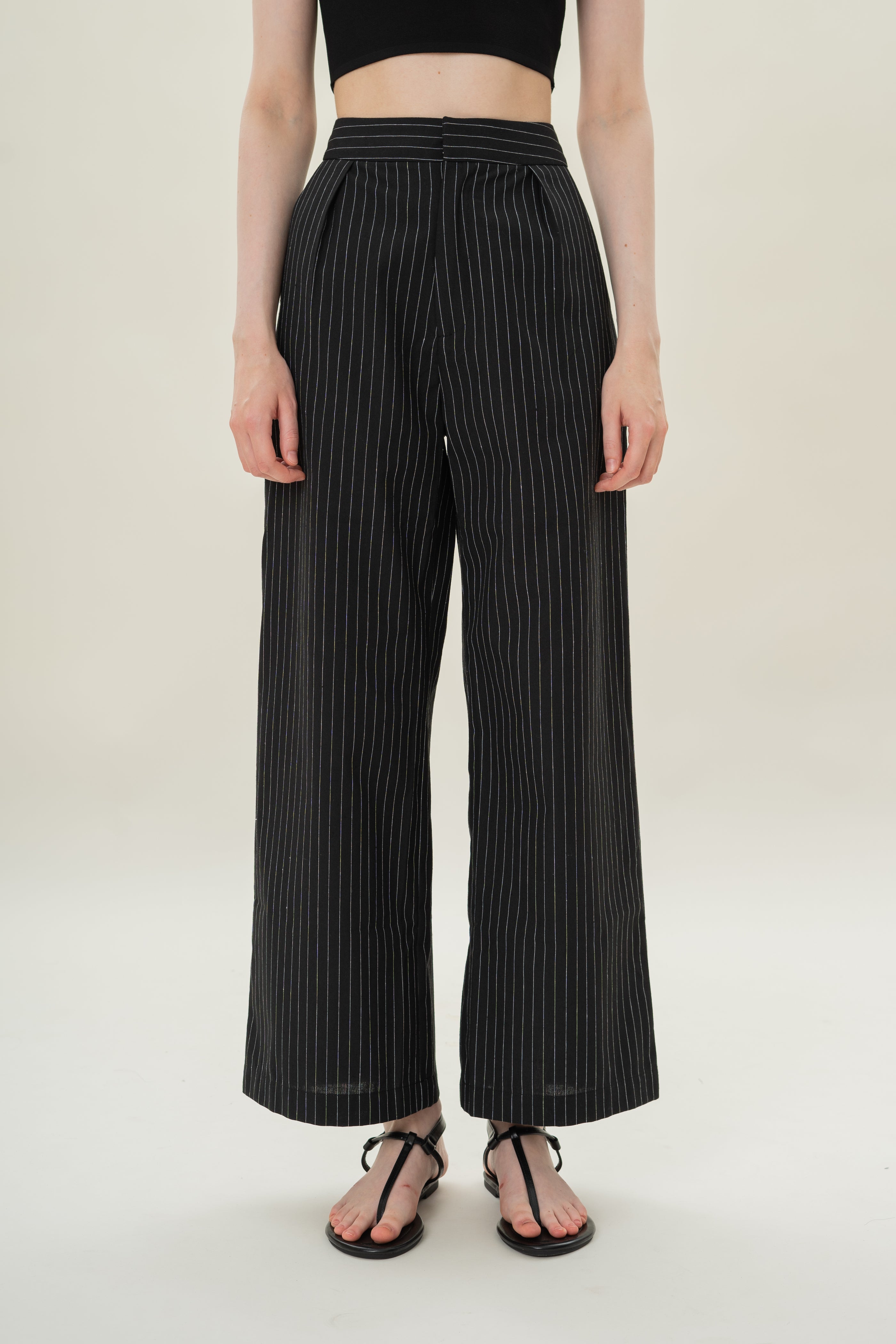 Pleated Linen Blend Trousers in Black Stripes