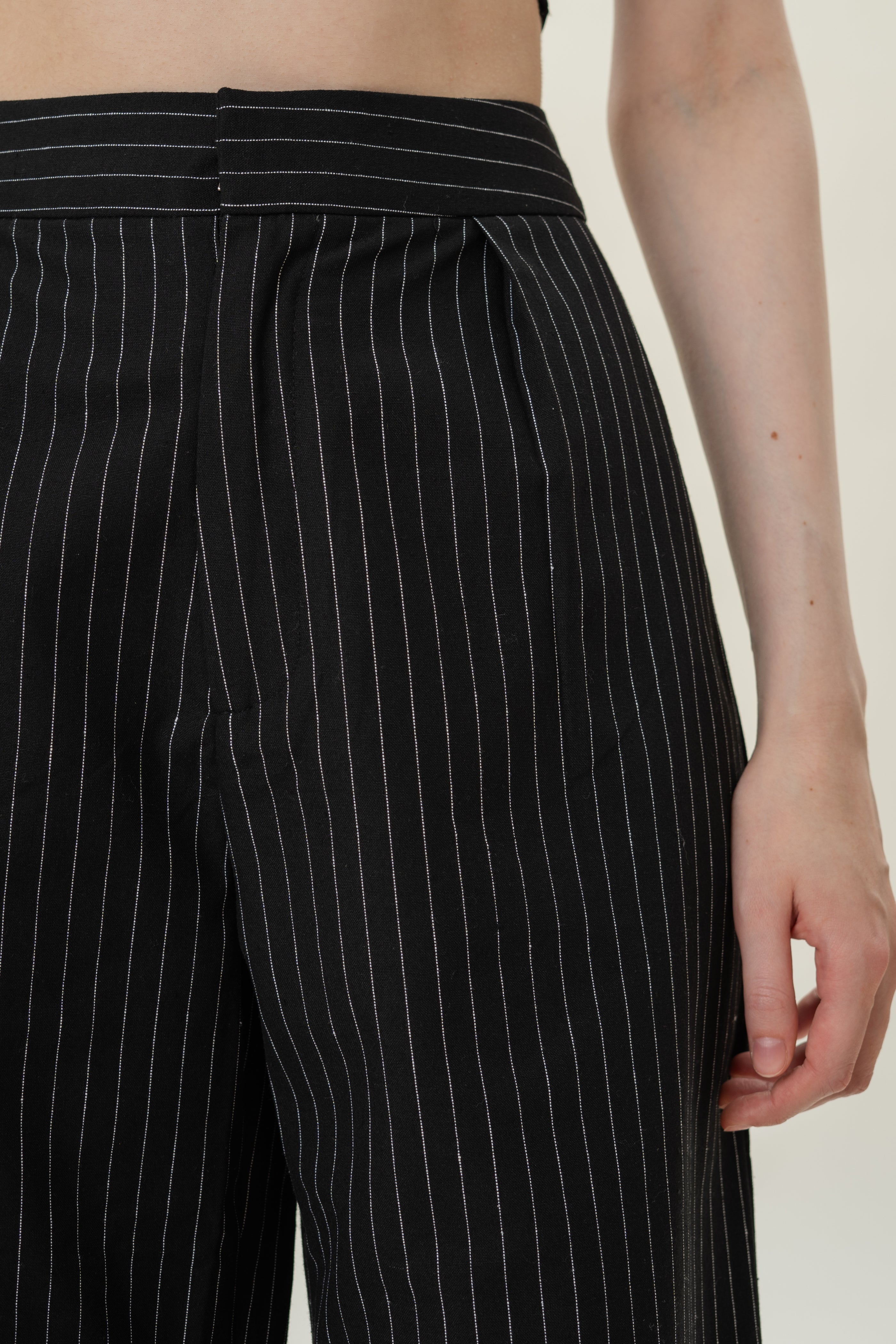 Pleated Linen Blend Trousers in Black Stripes