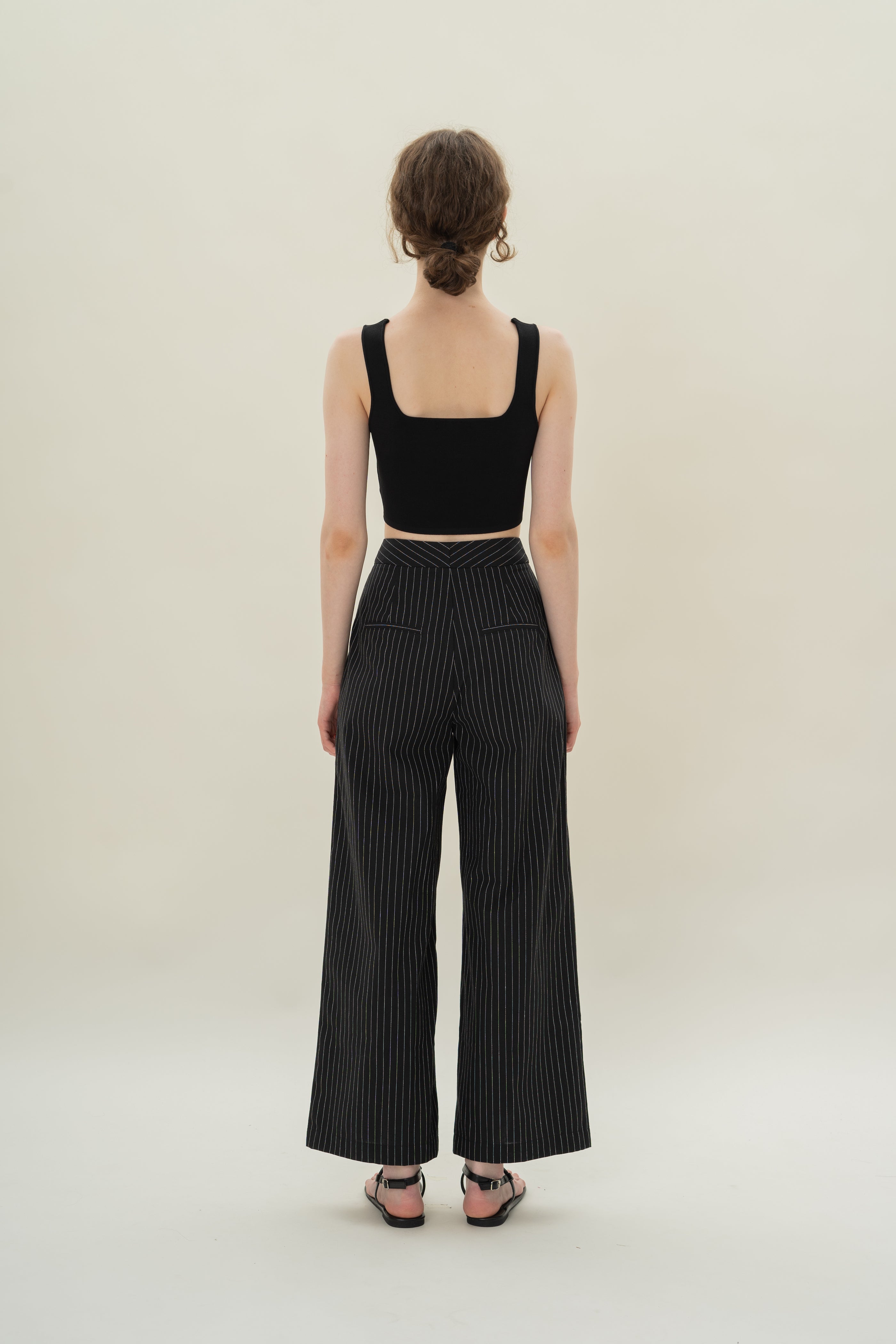 Pleated Linen Blend Trousers in Black Stripes