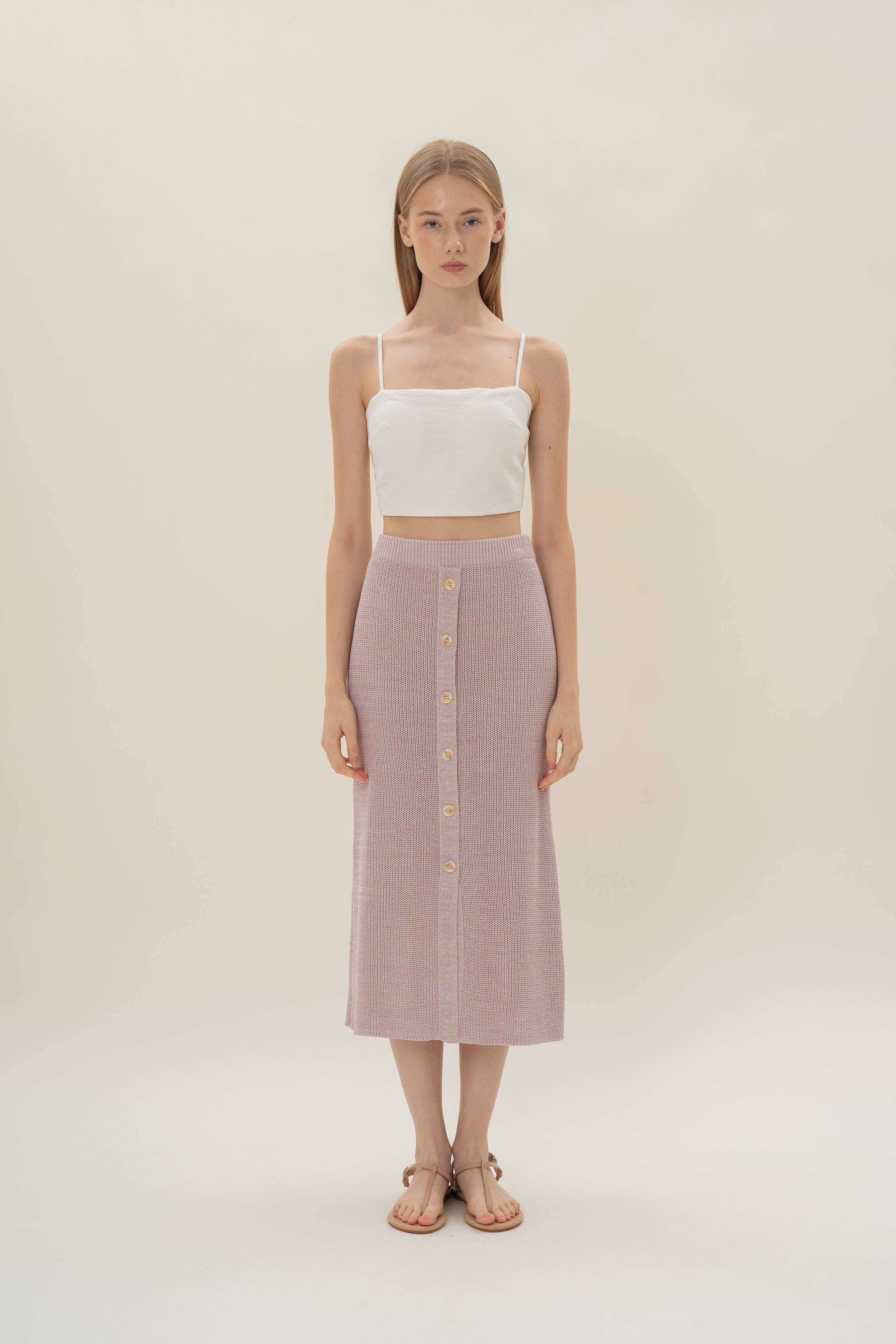 Button Melange Knit Skirt in Lavender Mist