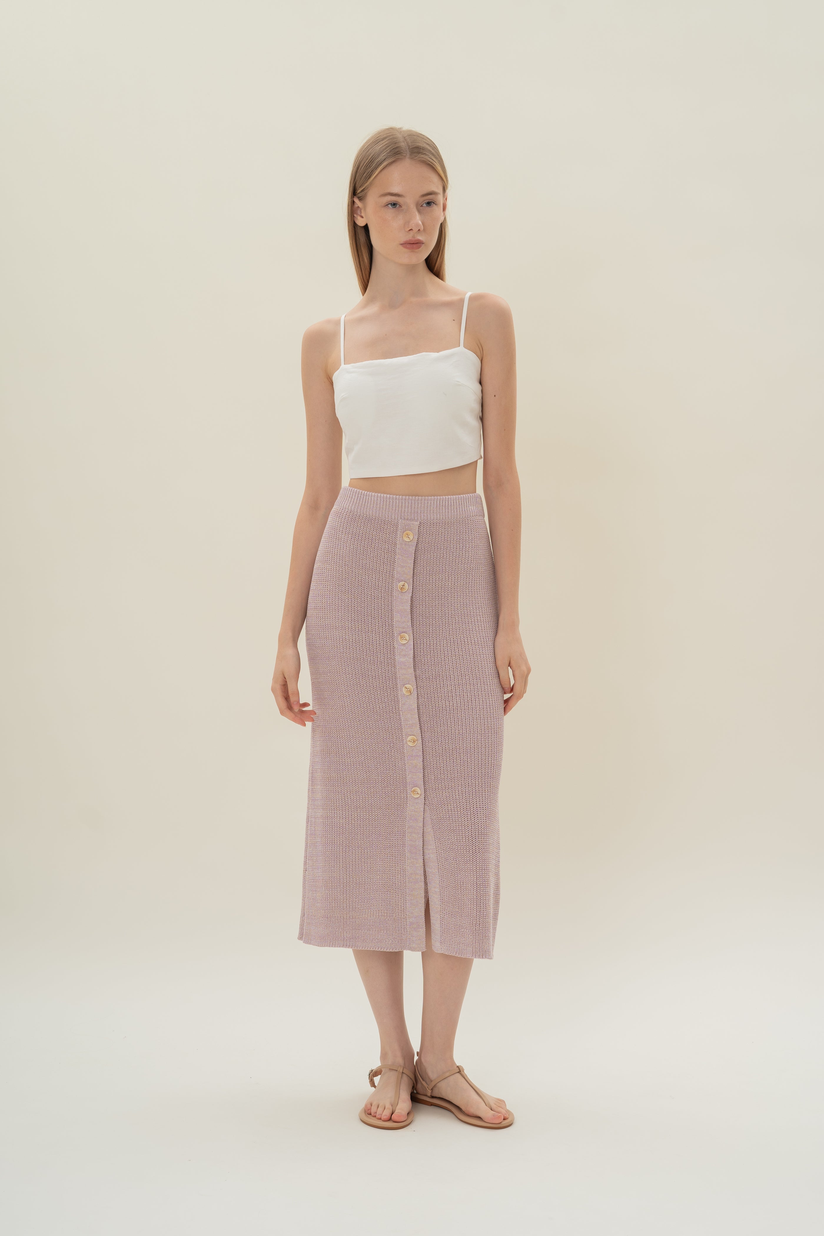 Button Melange Knit Skirt in Lavender Mist