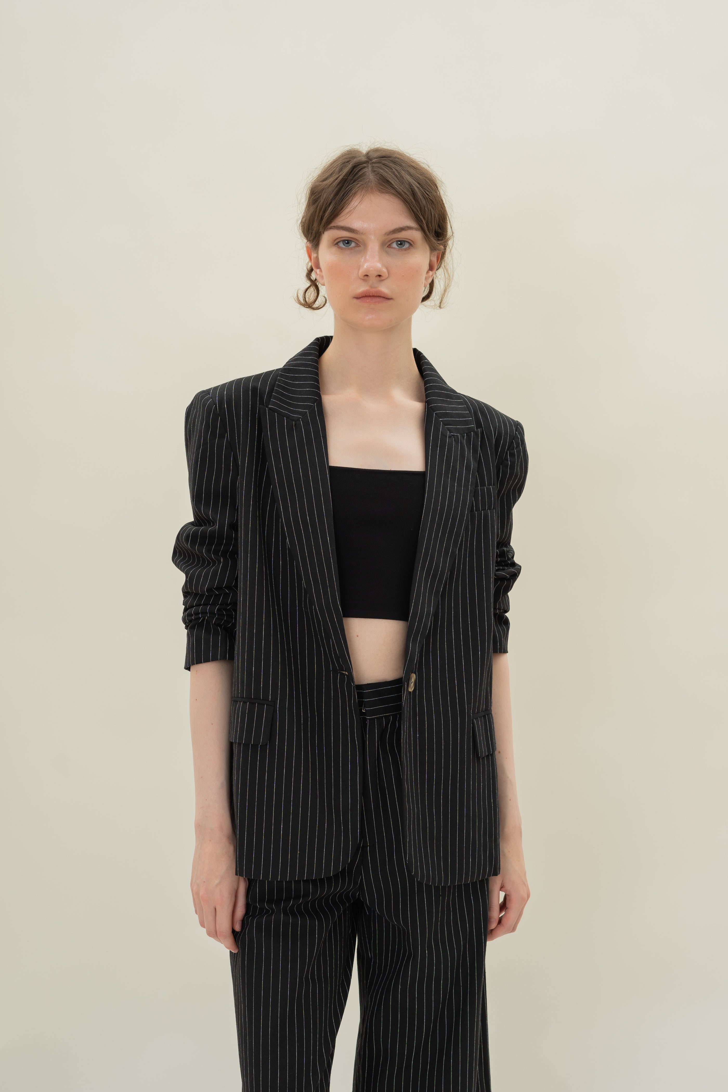 Linen Blend Blazer in Black Stripes