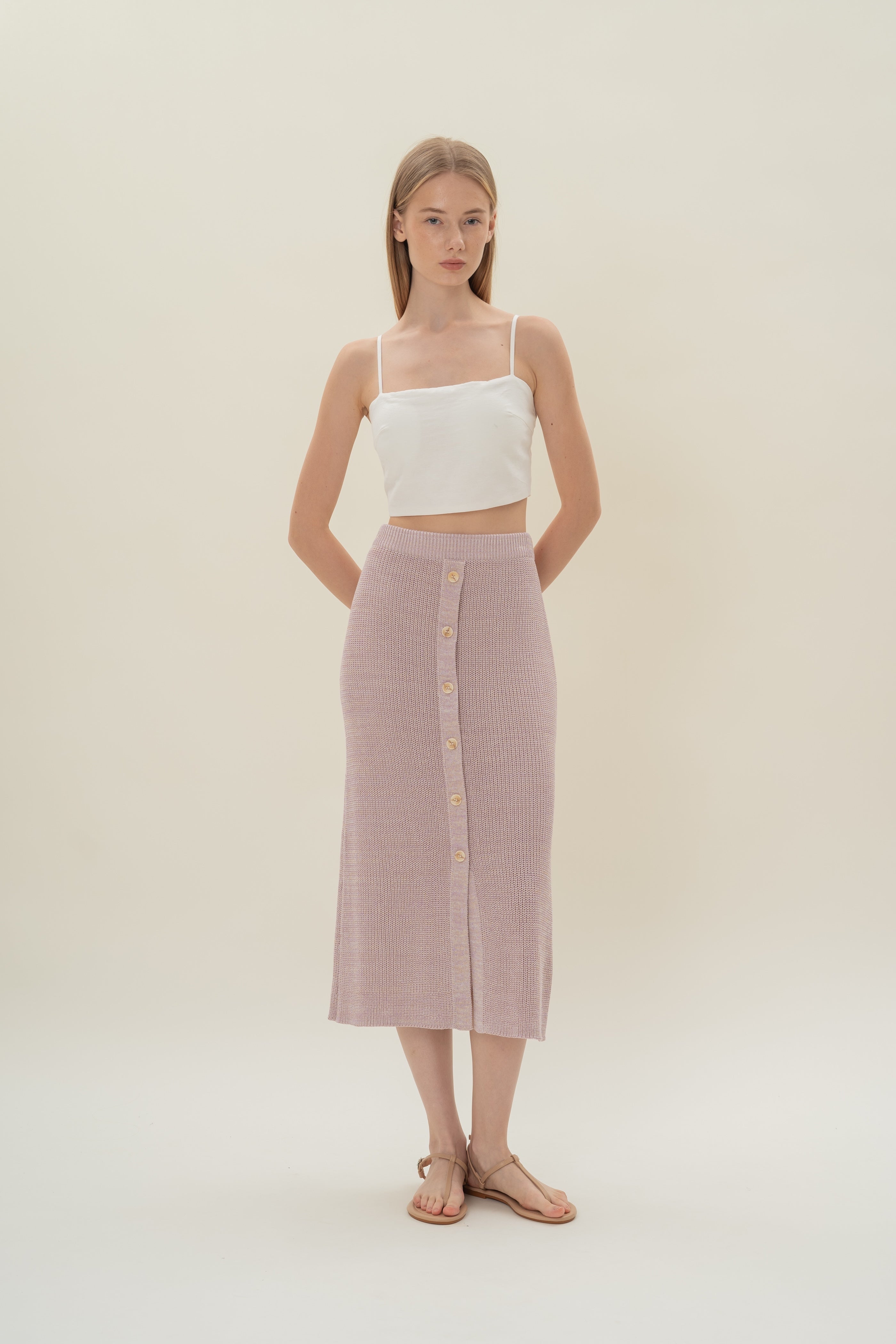 Button Melange Knit Skirt in Lavender Mist