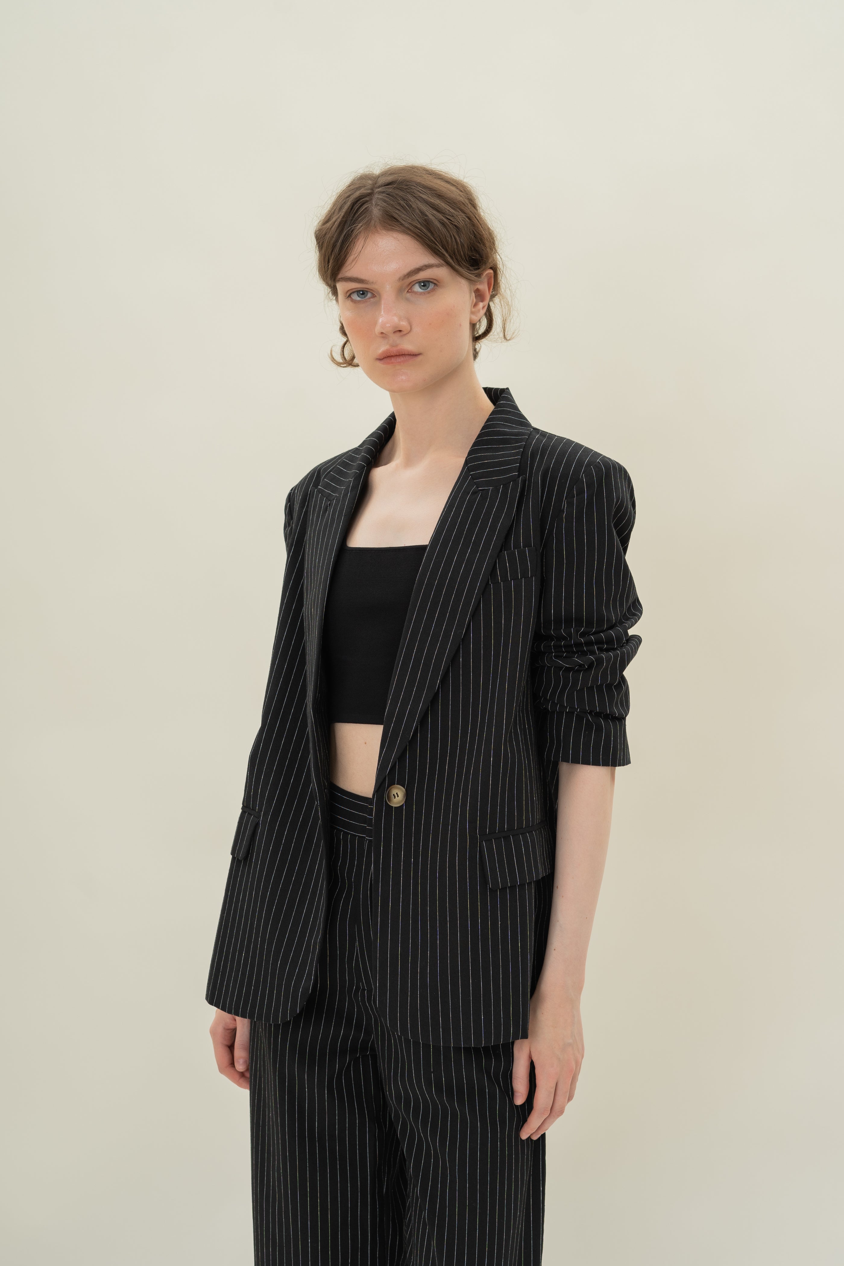 Linen Blend Blazer in Black Stripes