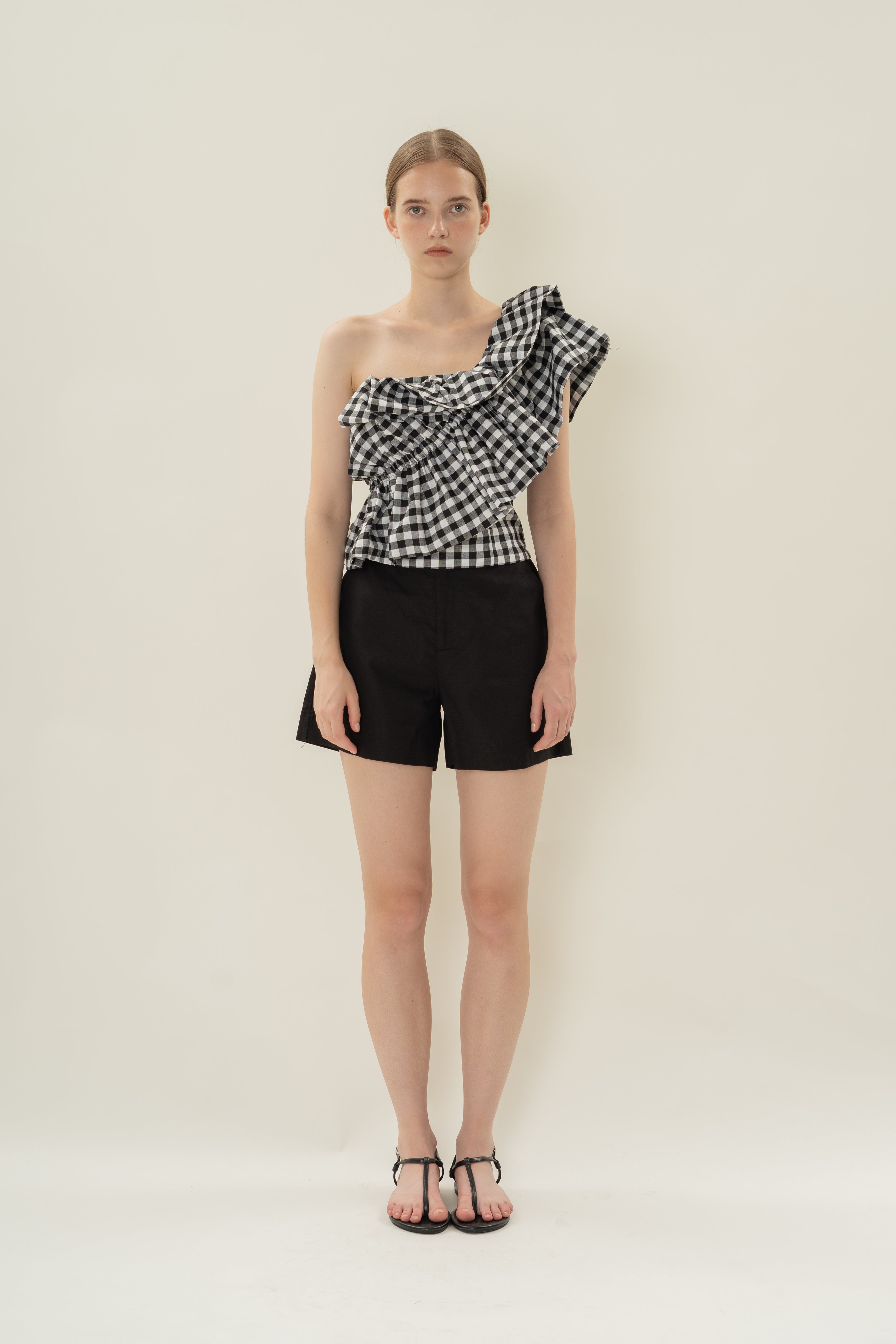 One-Shoulder Ruffled Top in Black Gingham