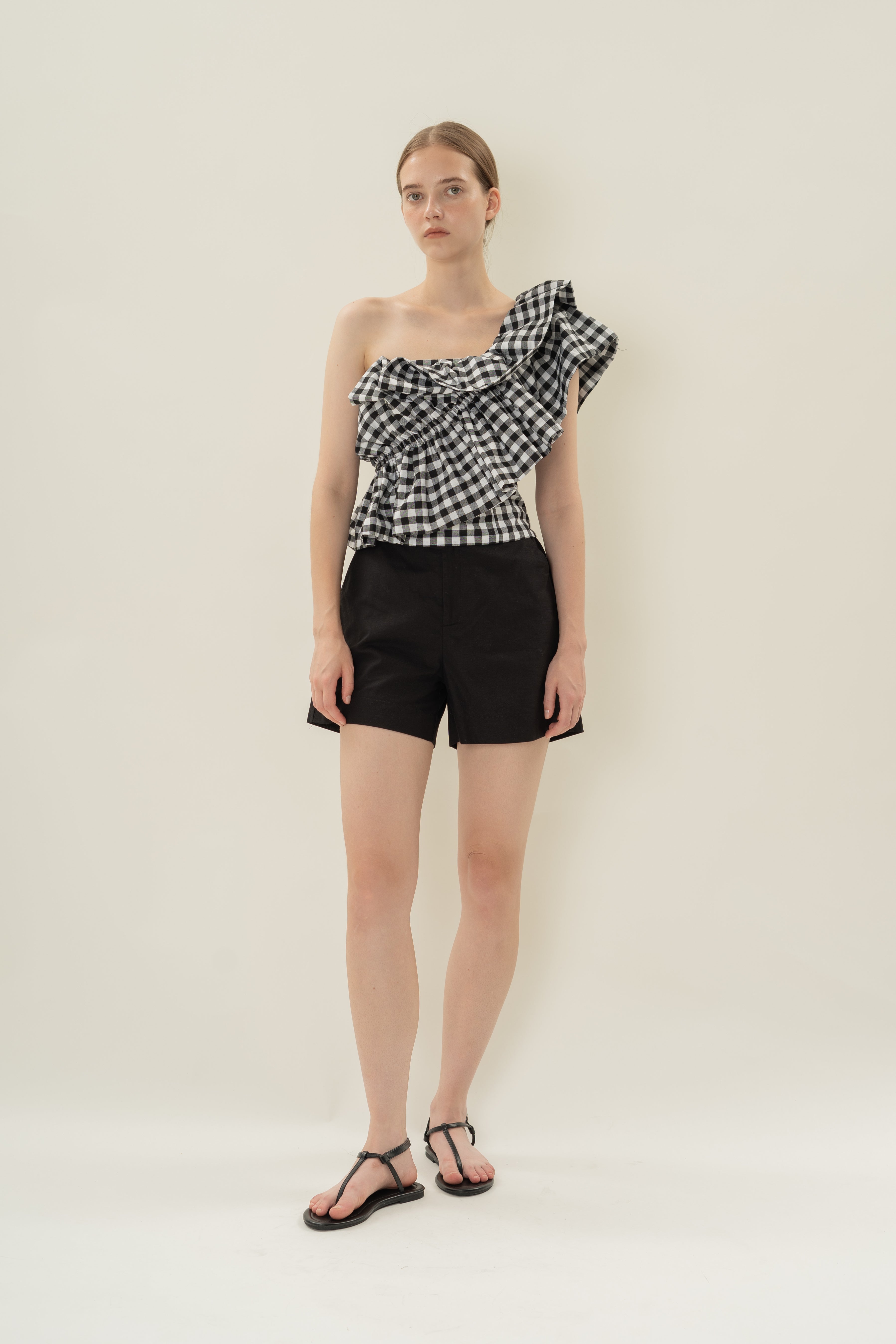 One-Shoulder Ruffled Top in Black Gingham
