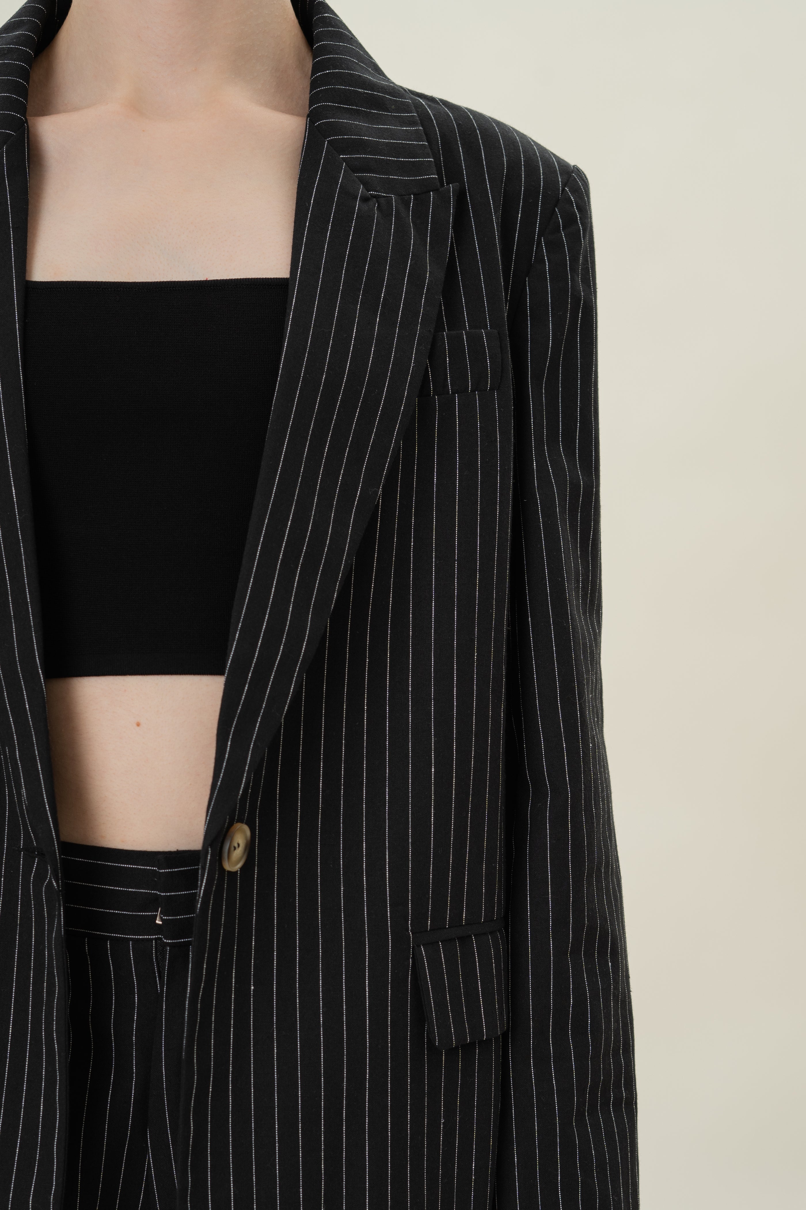 Linen Blend Blazer in Black Stripes