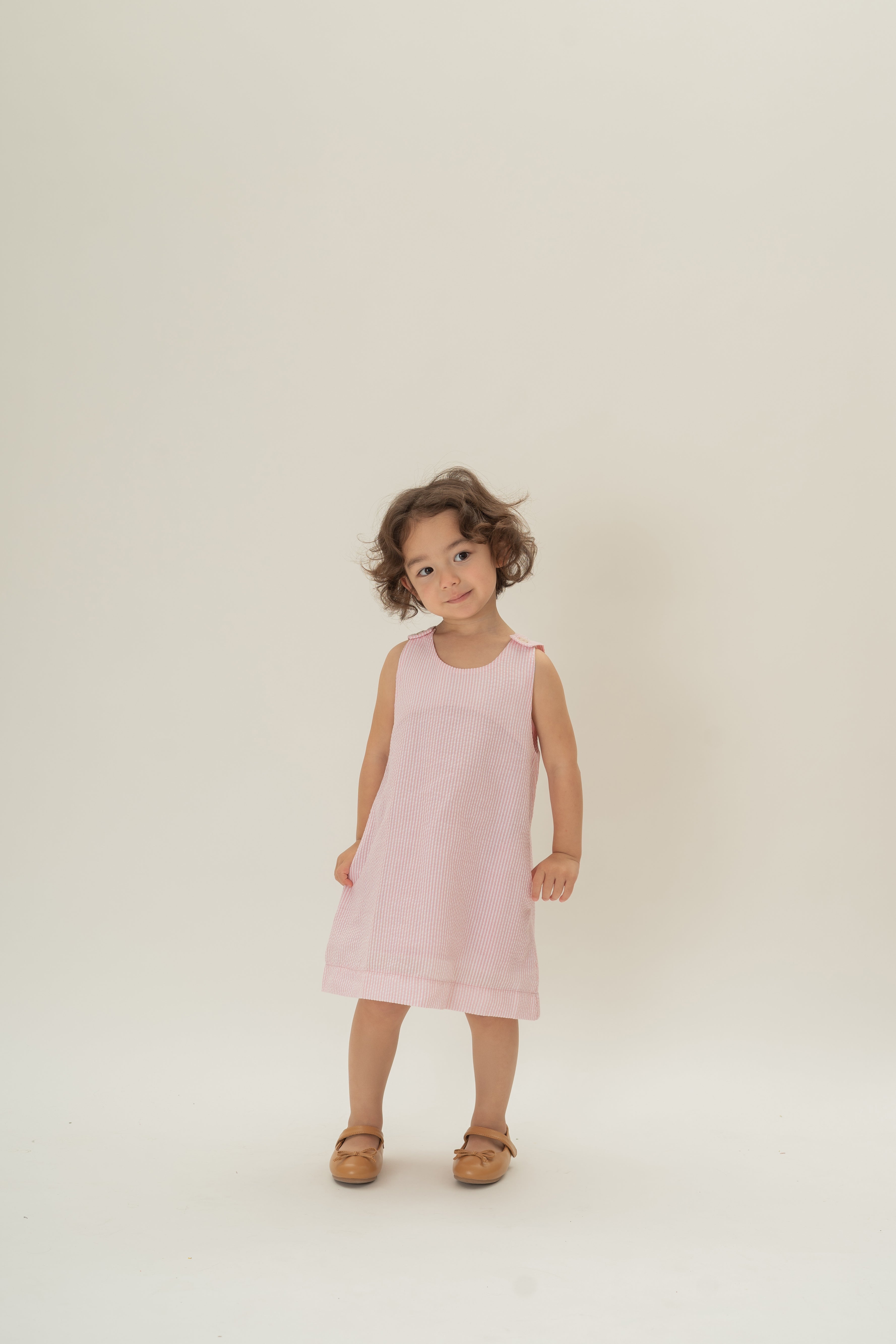 Mini Sleeveless A-line Dress in Seersucker Pink Stripes