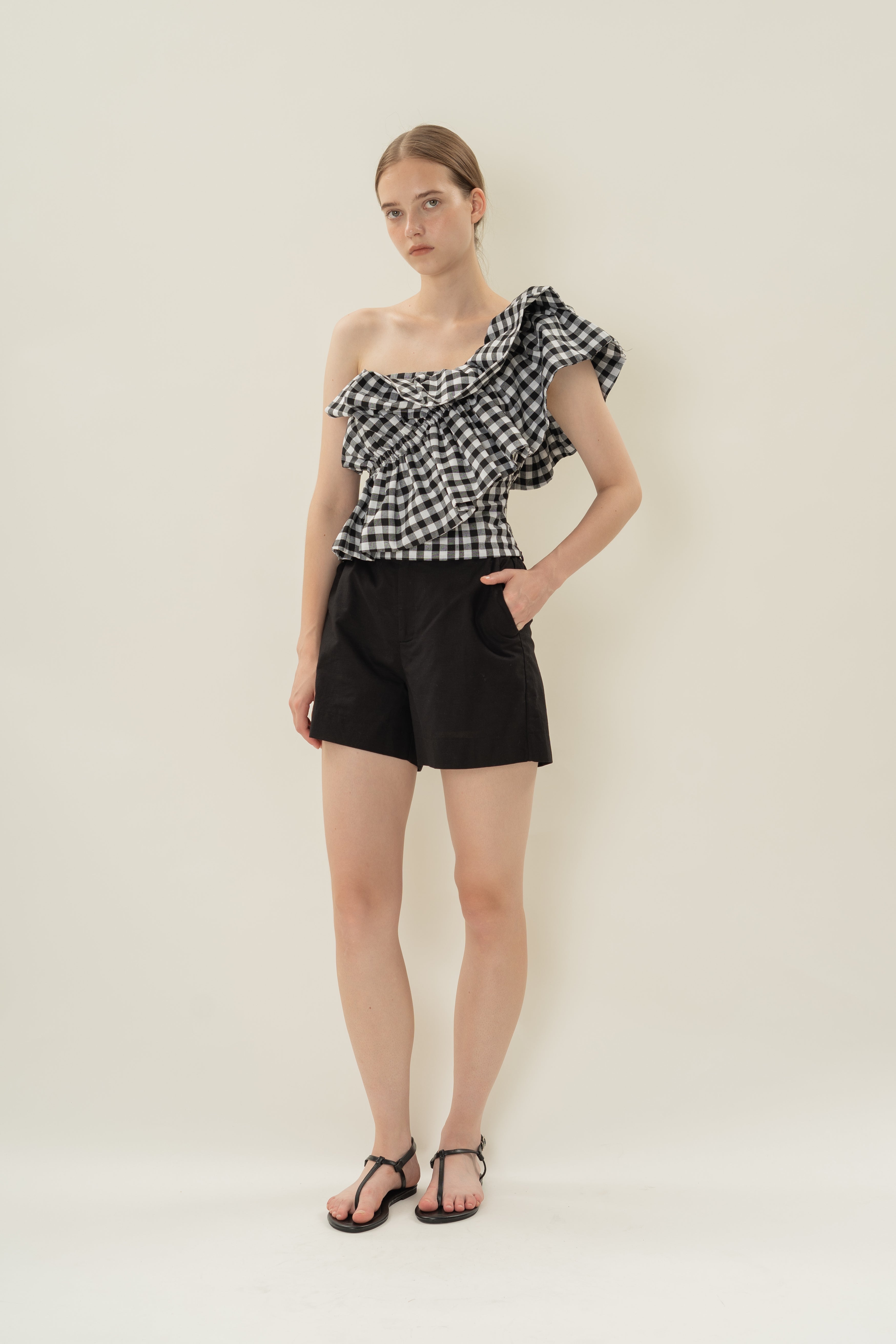 One-Shoulder Ruffled Top in Black Gingham