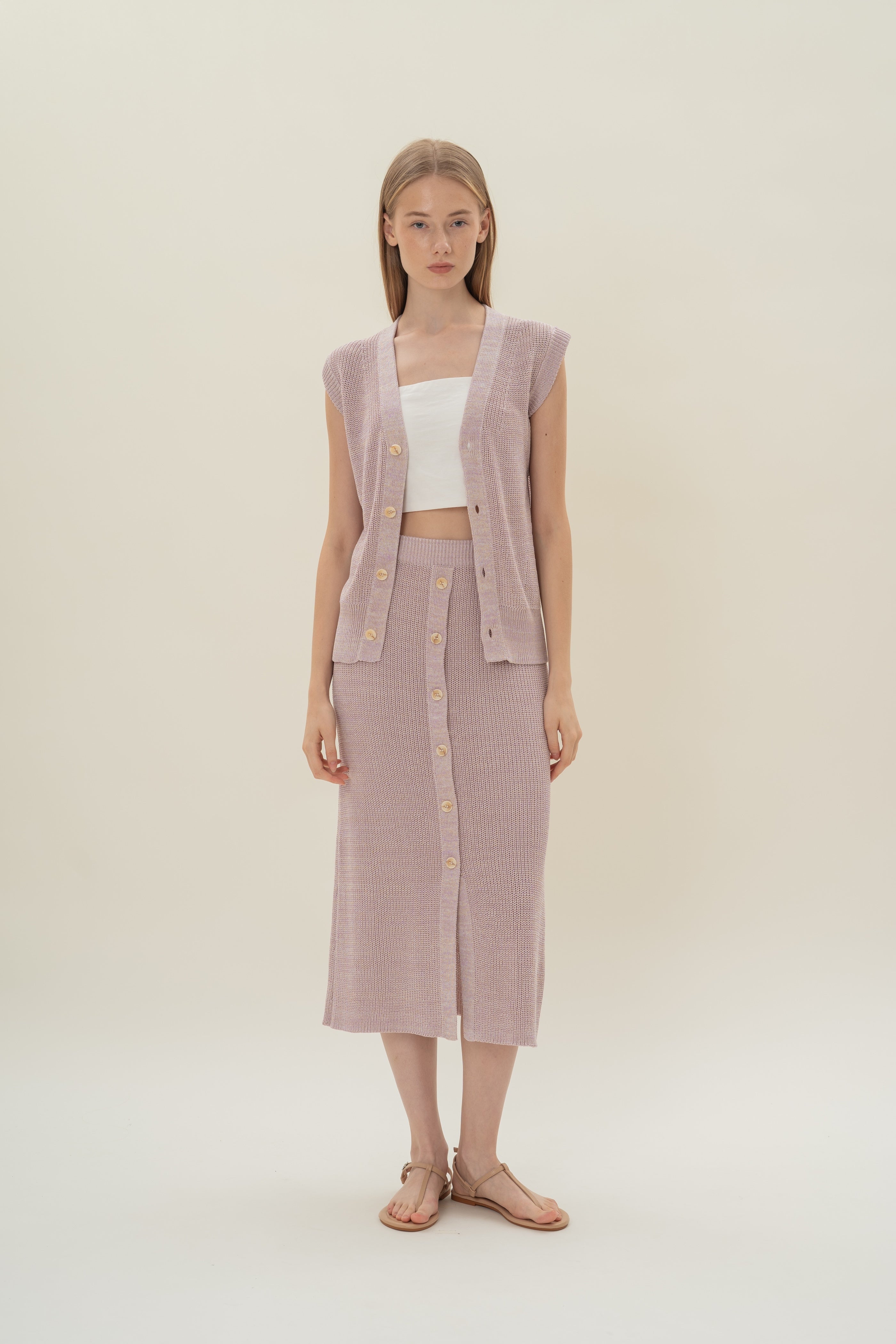 Button Melange Knit Skirt in Lavender Mist