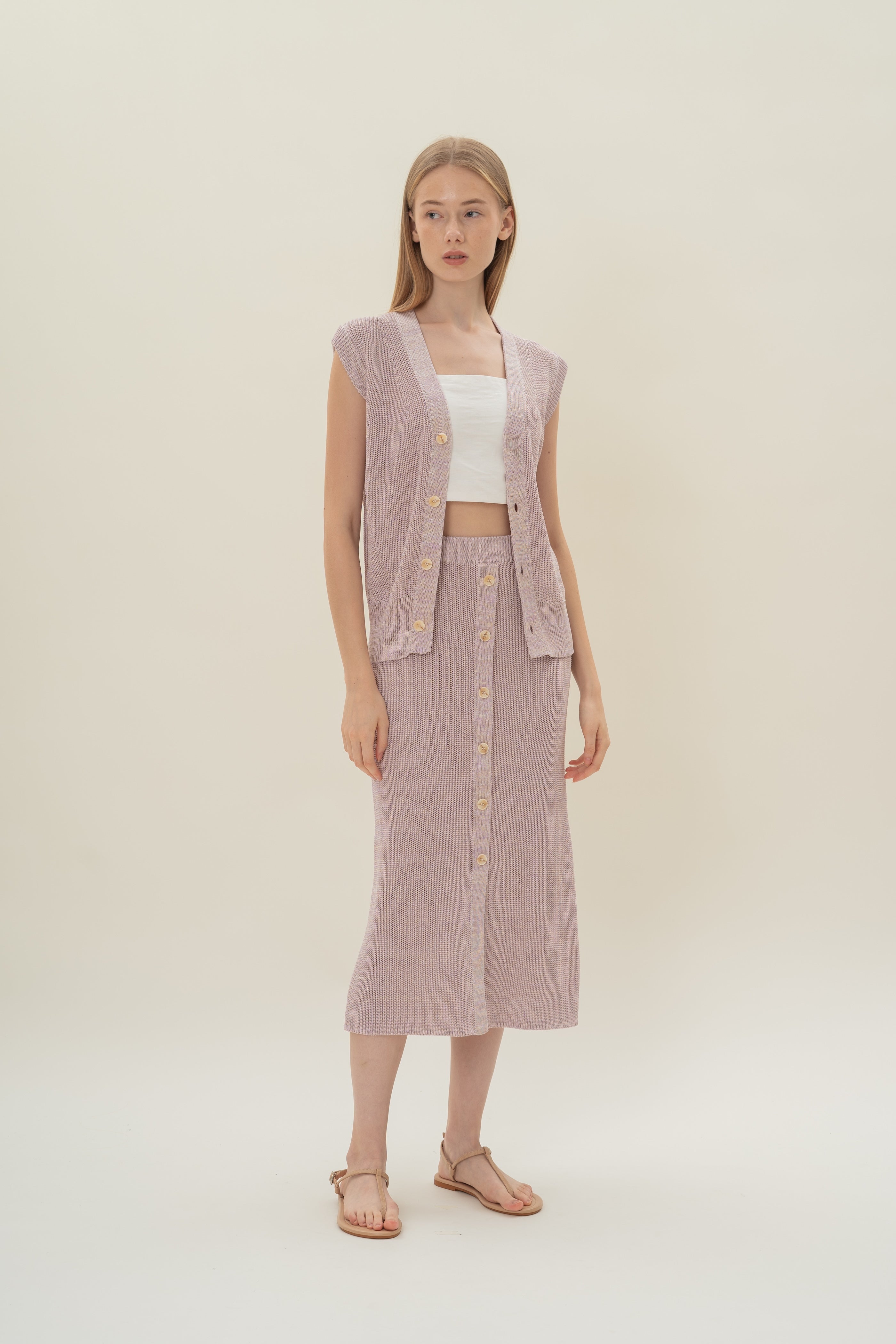 Button Melange Knit Skirt in Lavender Mist