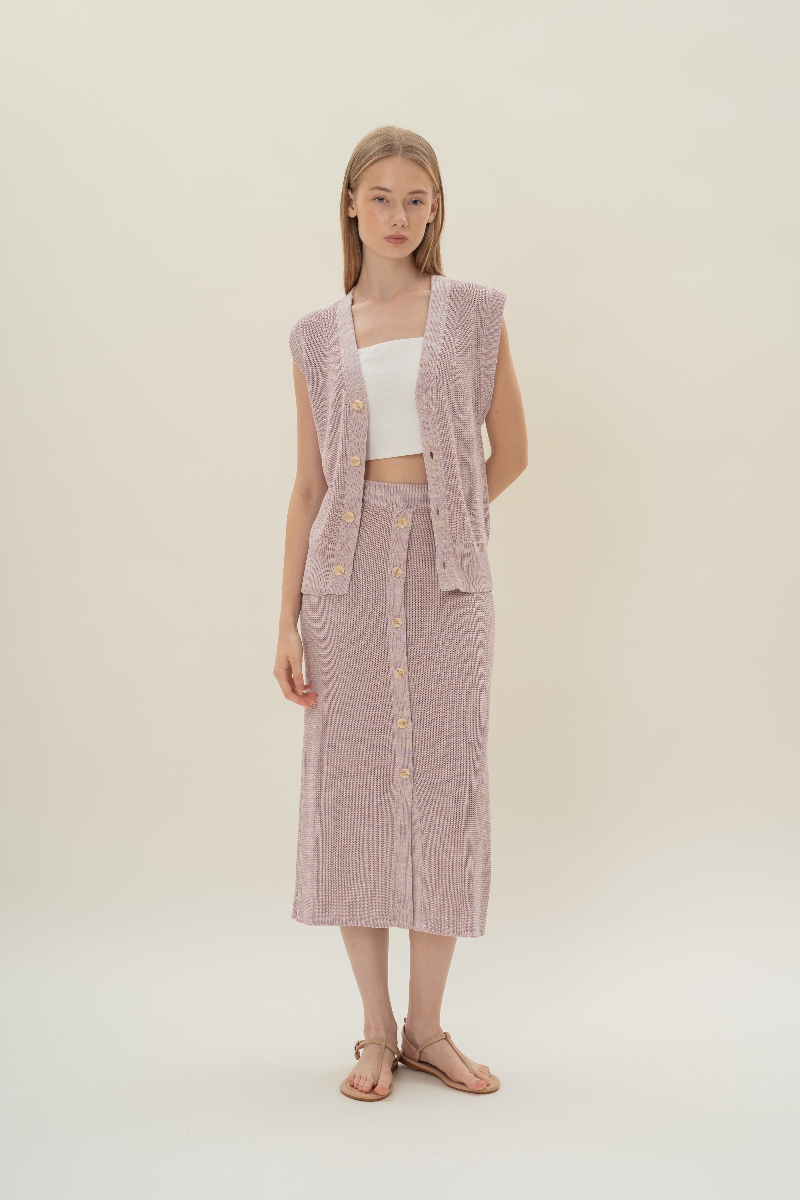 Button Melange Knit Skirt in Lavender Mist