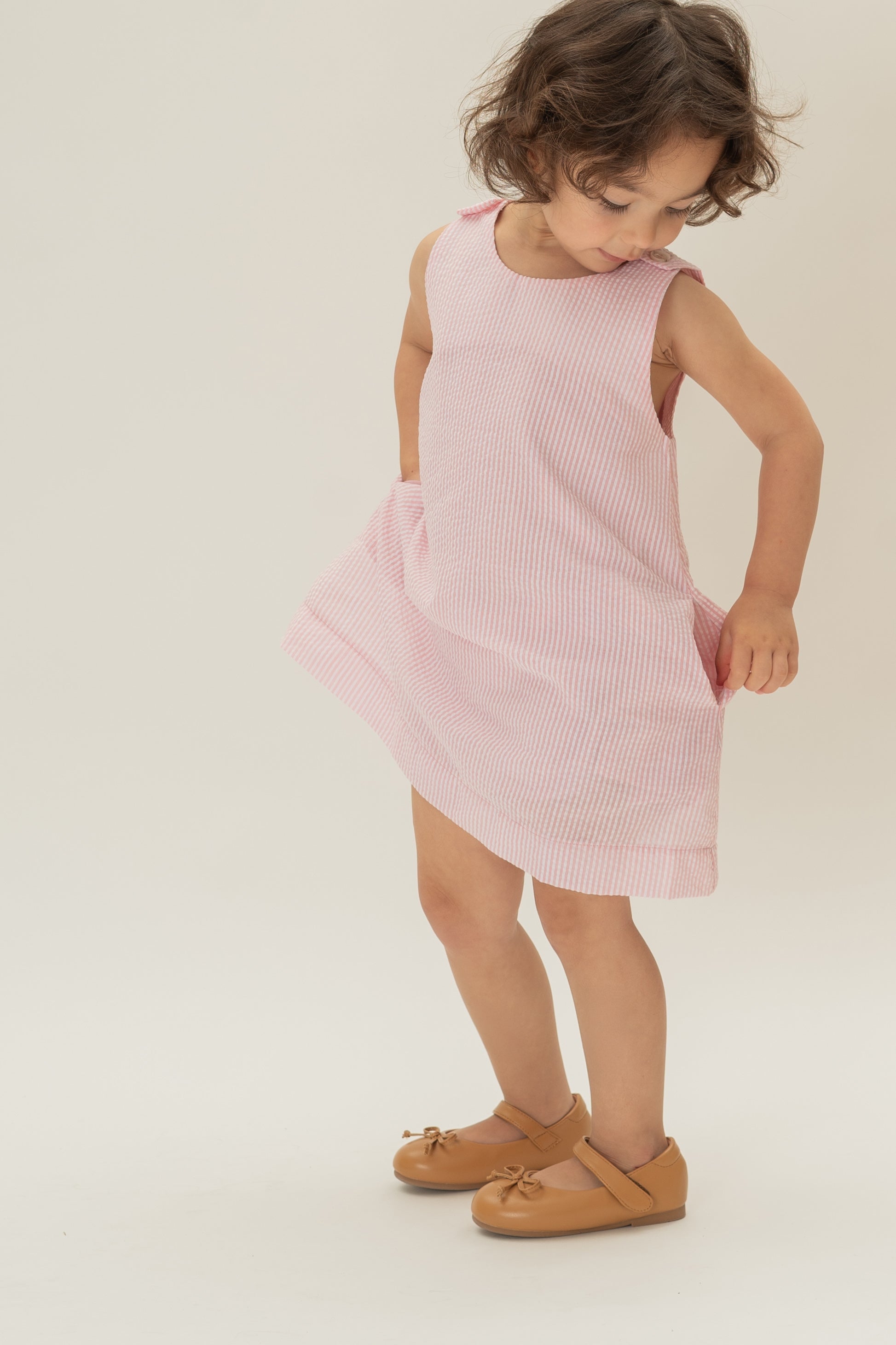 Mini Sleeveless A-line Dress in Seersucker Pink Stripes
