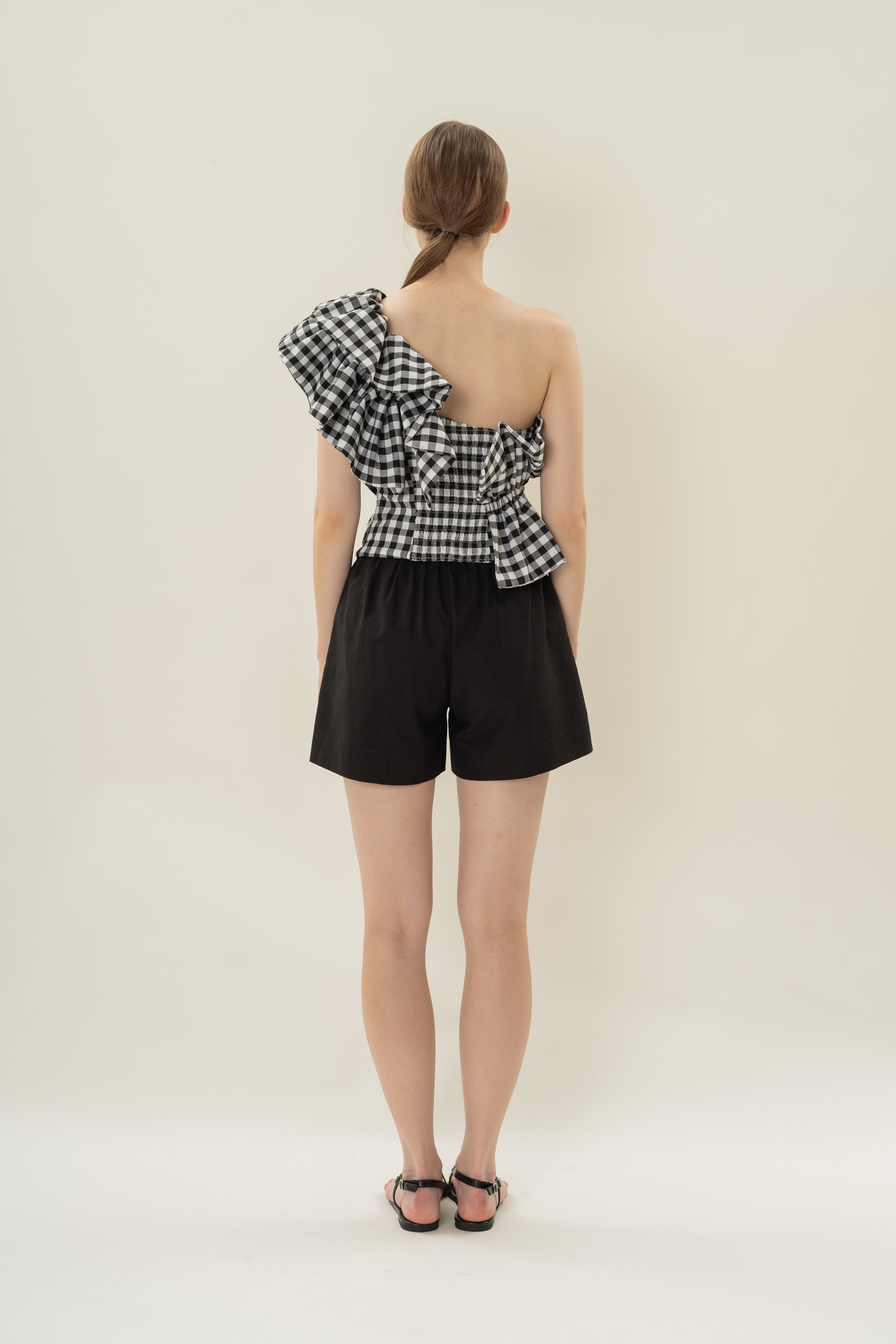 One-Shoulder Ruffled Top in Black Gingham