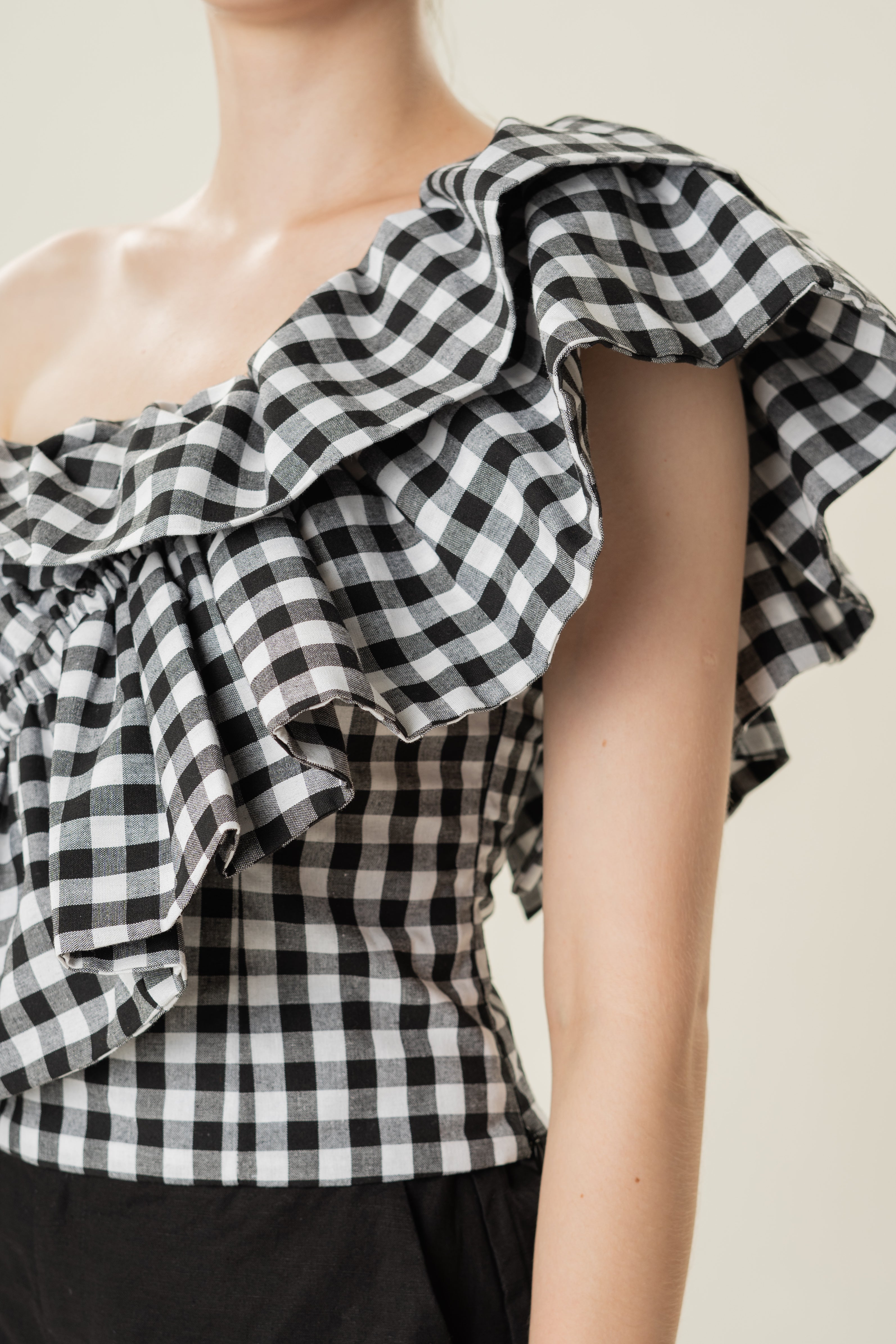 One-Shoulder Ruffled Top in Black Gingham