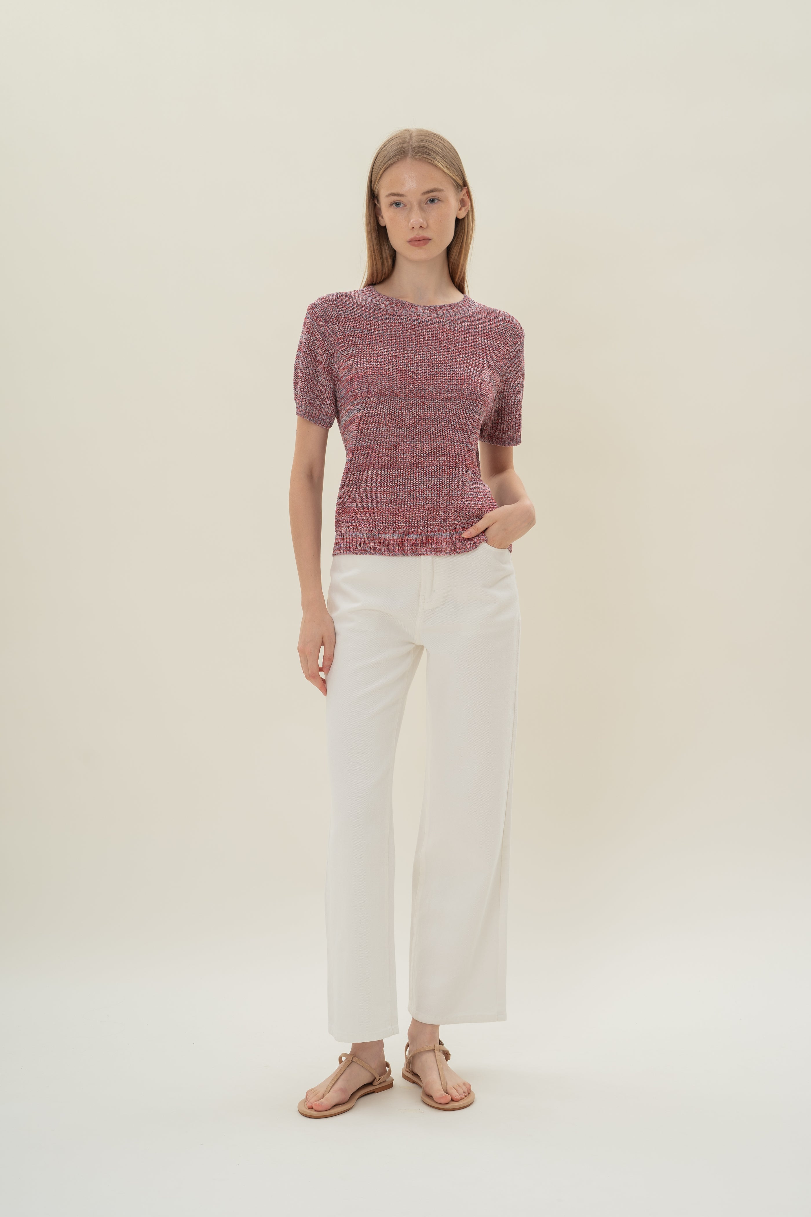 Round Neck Melange Knit Top in Red Valley