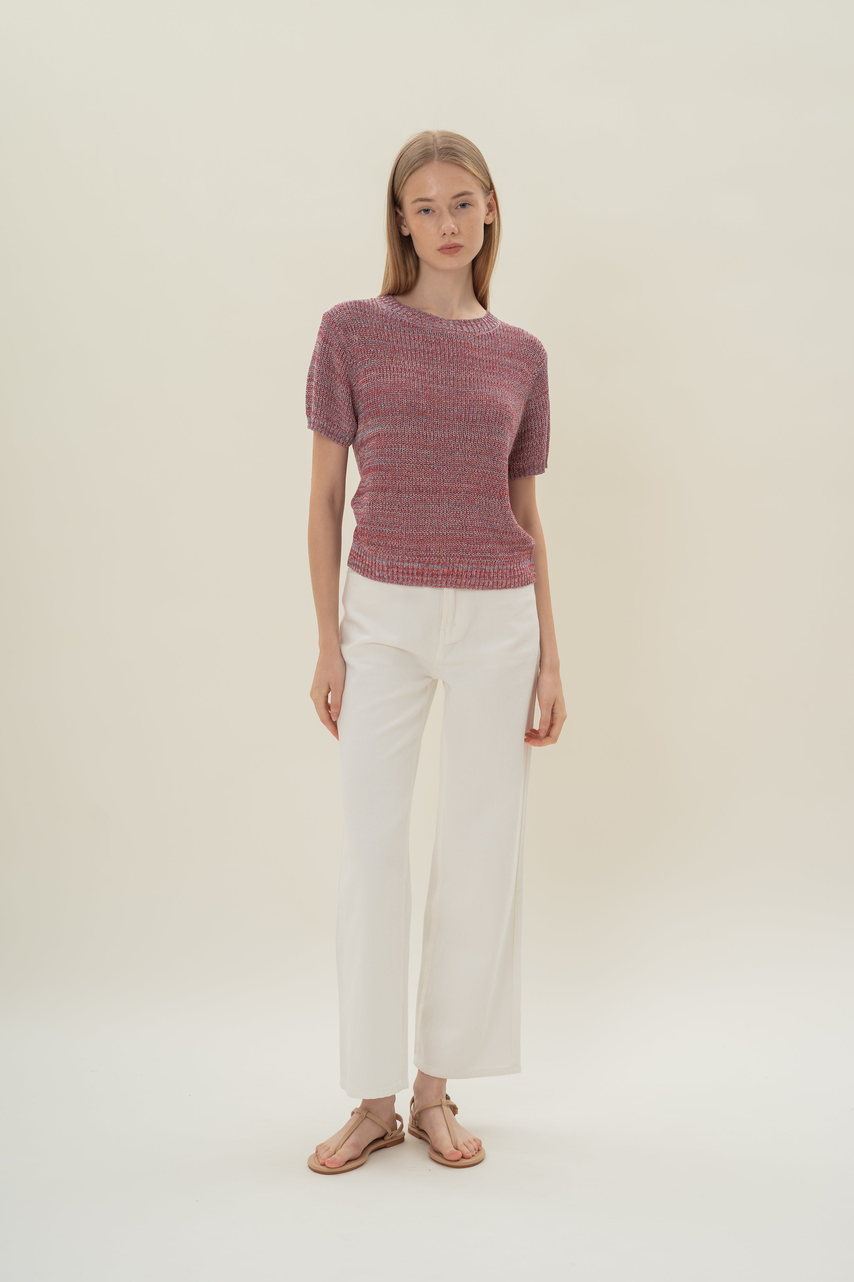 Round Neck Melange Knit Top in Red Valley