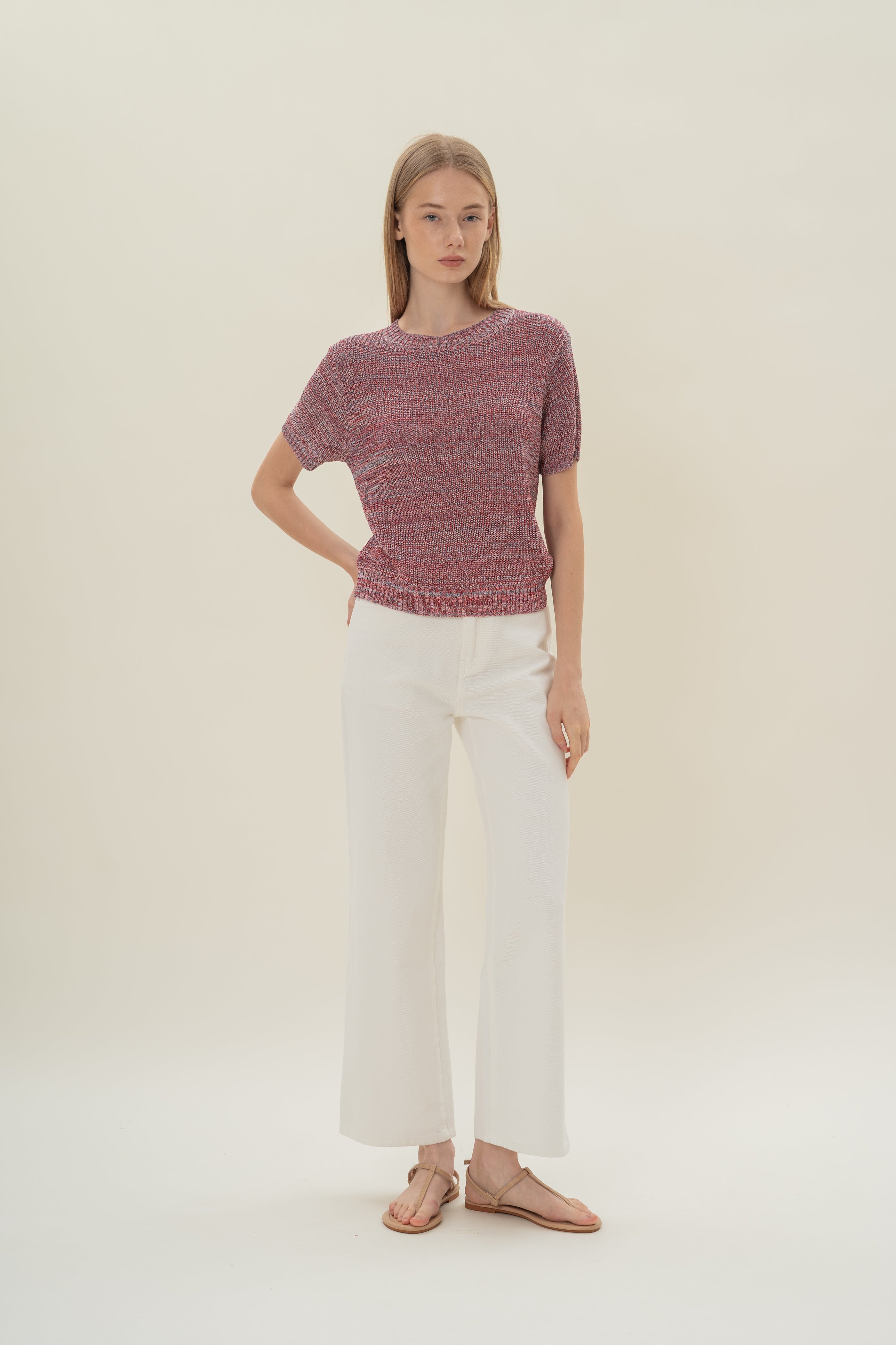 Round Neck Melange Knit Top in Red Valley